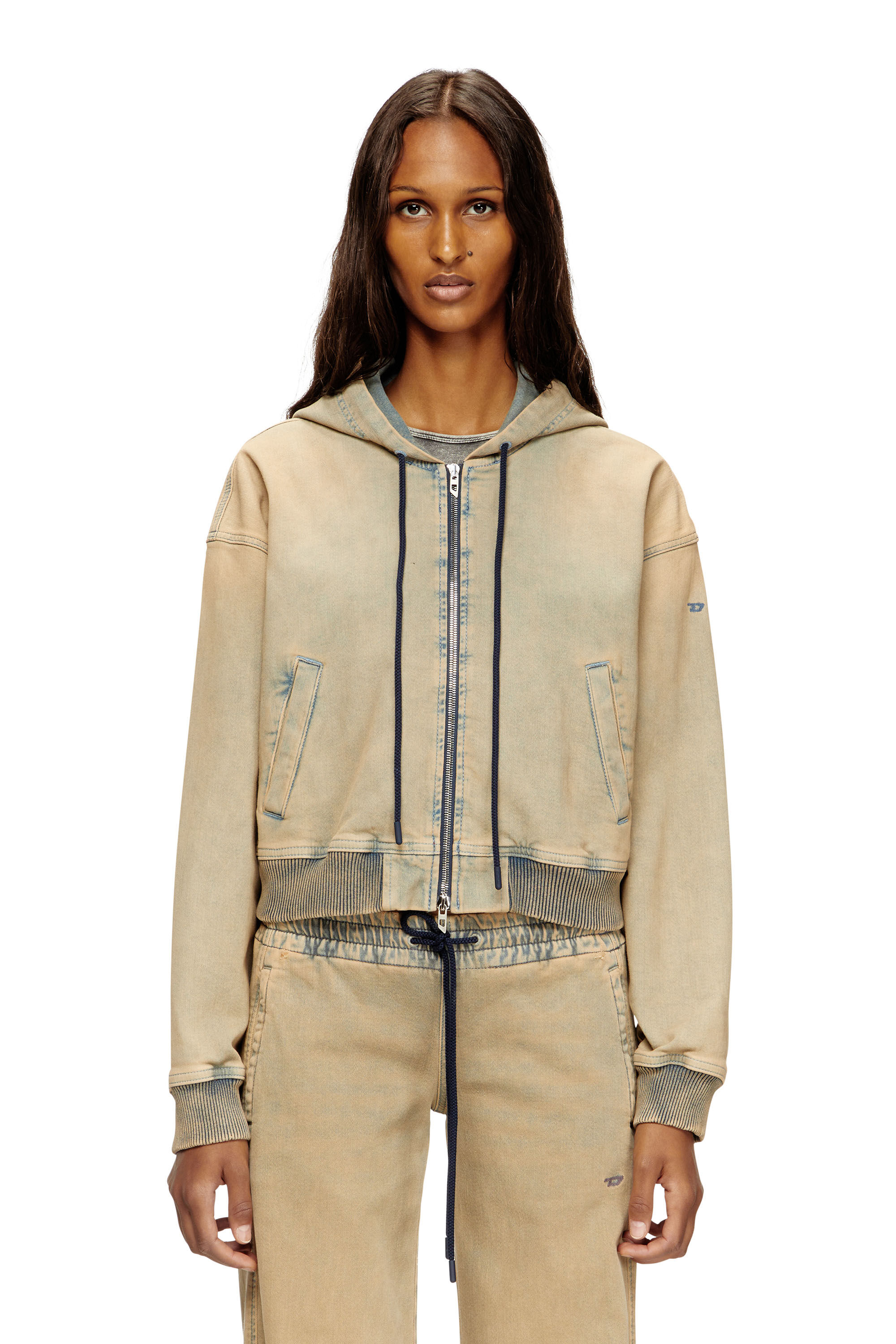 Diesel - DE-GIRI-CROP JOGG, Damen Reißverschluss-Kapuzenpullover aus farbigen JoggJeans in Beige/Blau - 3