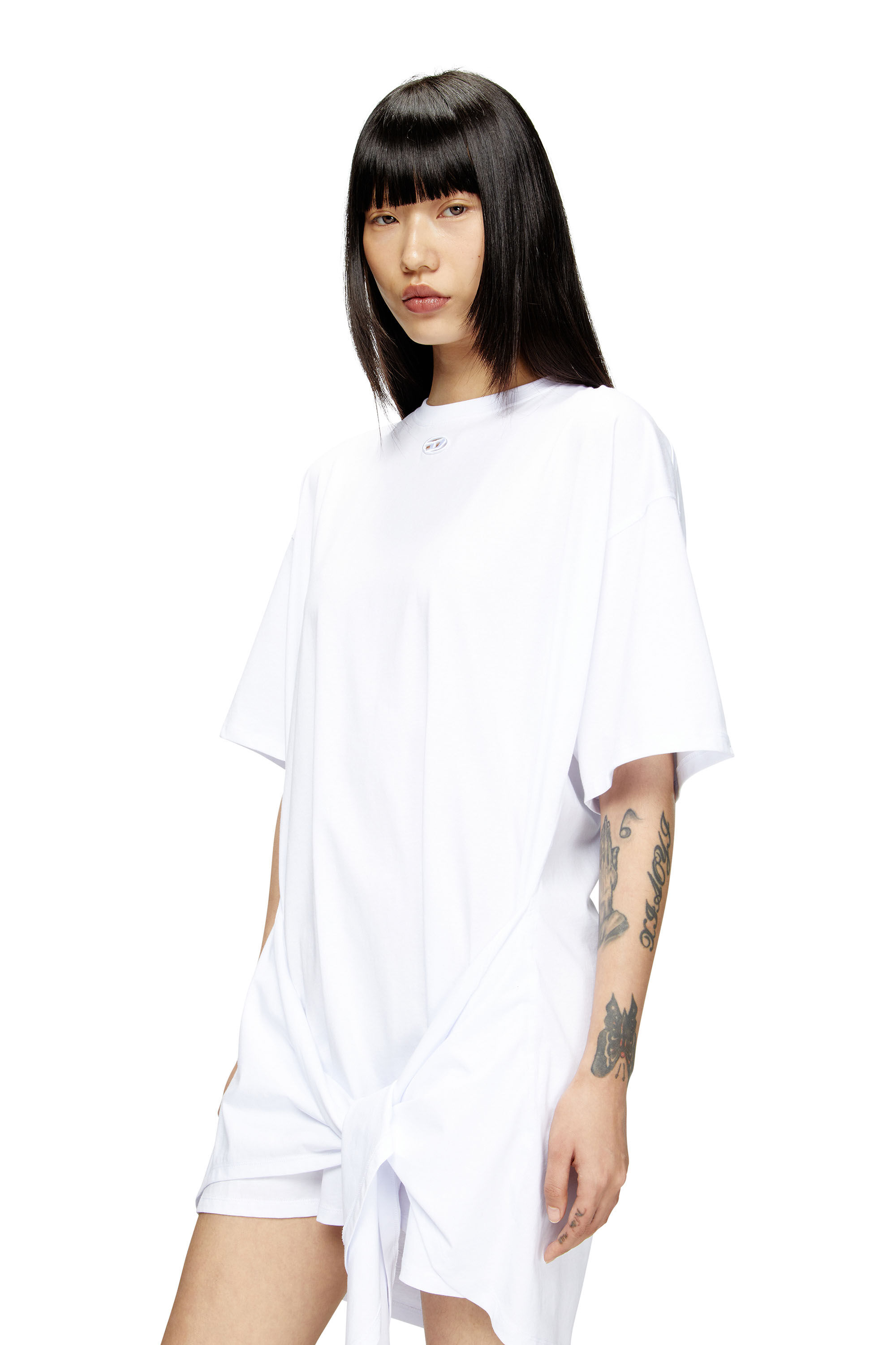 Diesel - D-EIVOR, Damen T-Shirt-Kleid mit Bindeband auf der Vorderseite in Weiß - 5