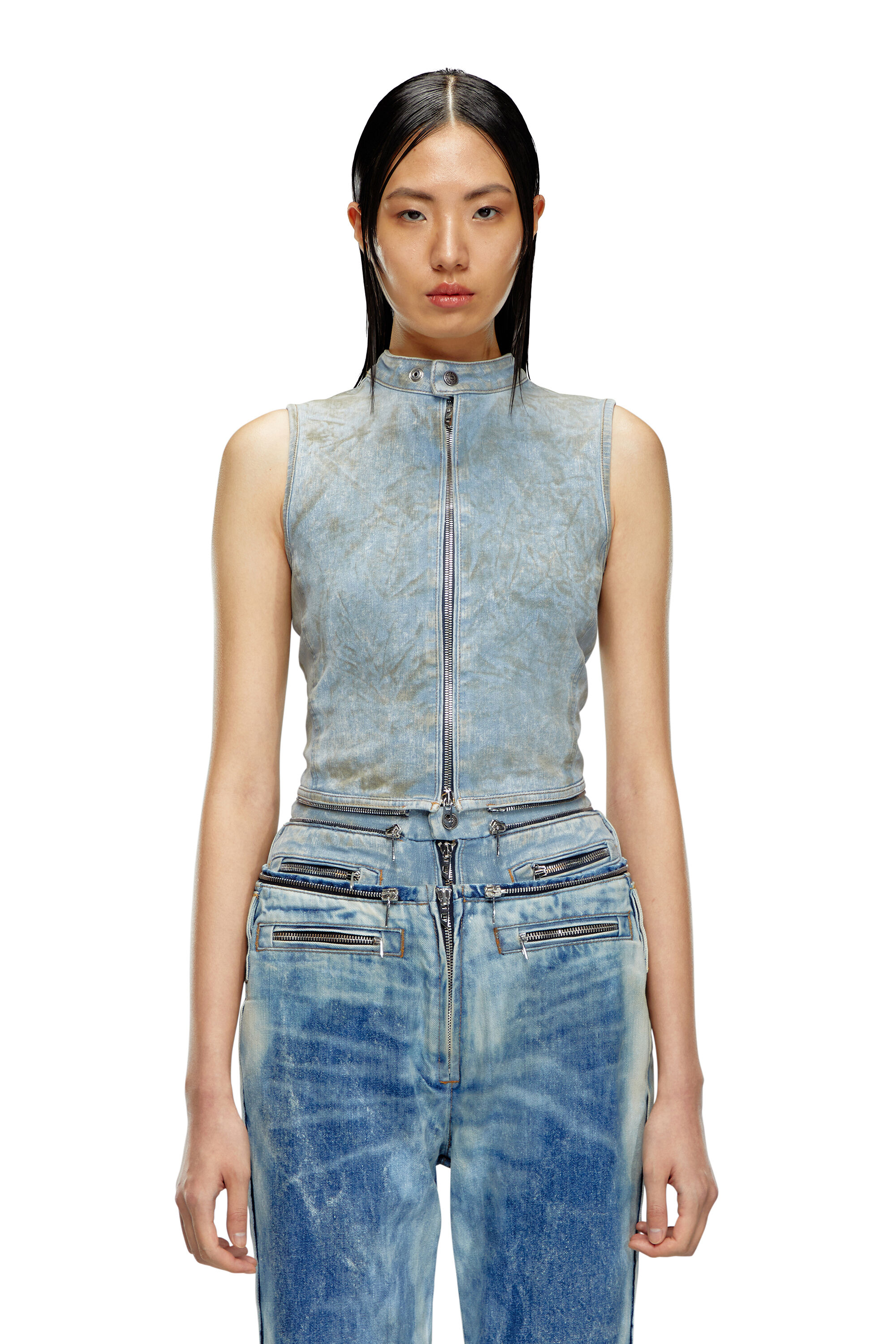 Diesel - DE-NATA-FSE, Damen Hautenges Denim-Top mit Biker-Details in Hellblau - 6