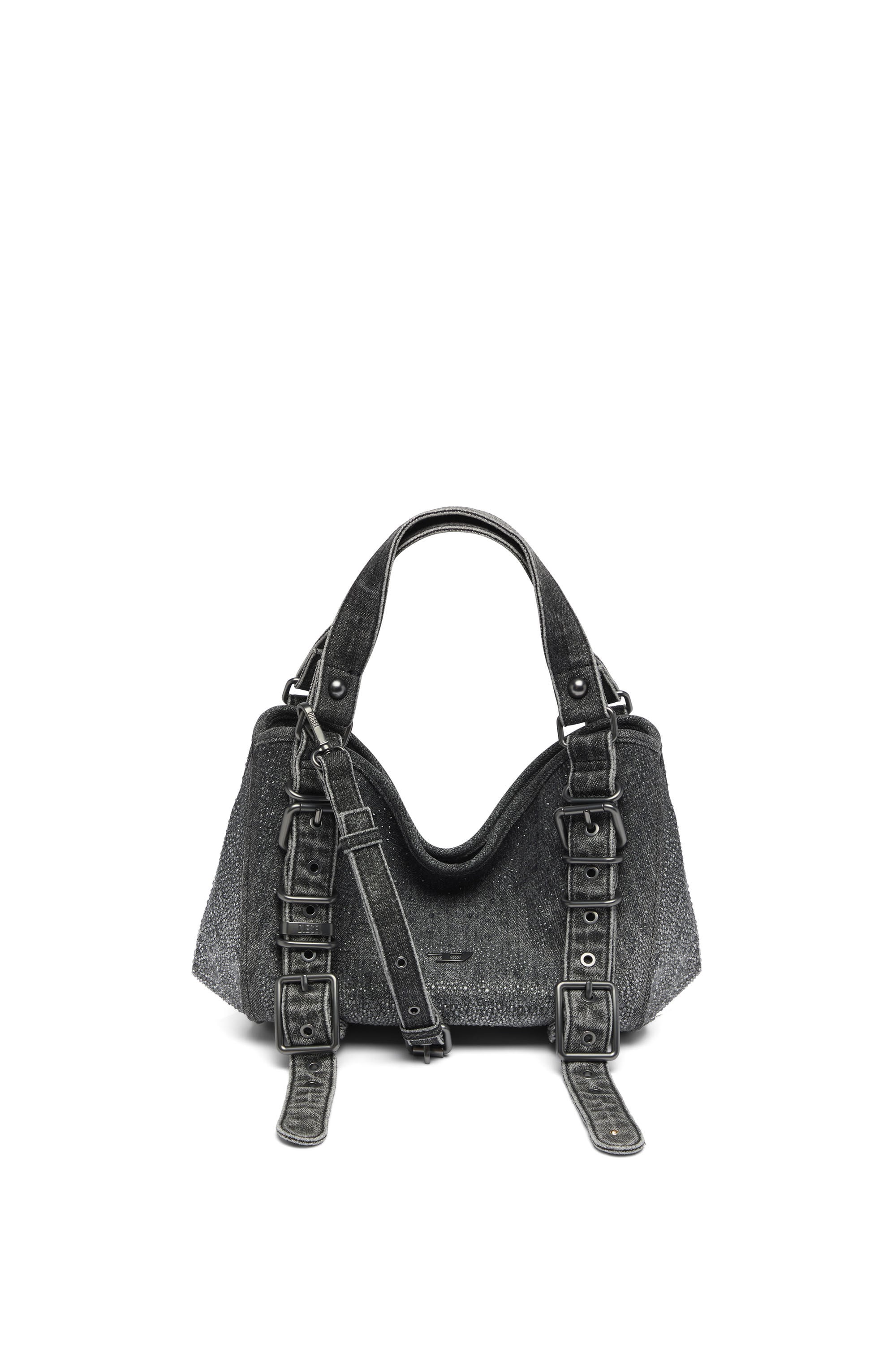 Diesel - D-ONE TOPHANDLE S, Damen D-One-Small Henkeltasche aus solarisiertem Denim mit Kristallen in Schwarz - 1