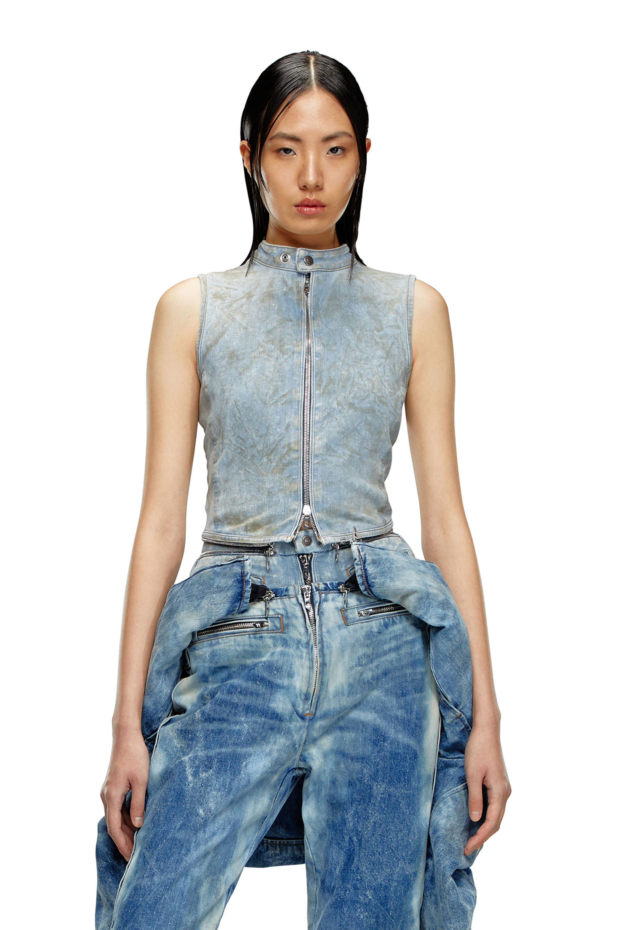 Diesel - DE-NATA-FSE, Damen Hautenges Denim-Top mit Biker-Details in Hellblau - 3