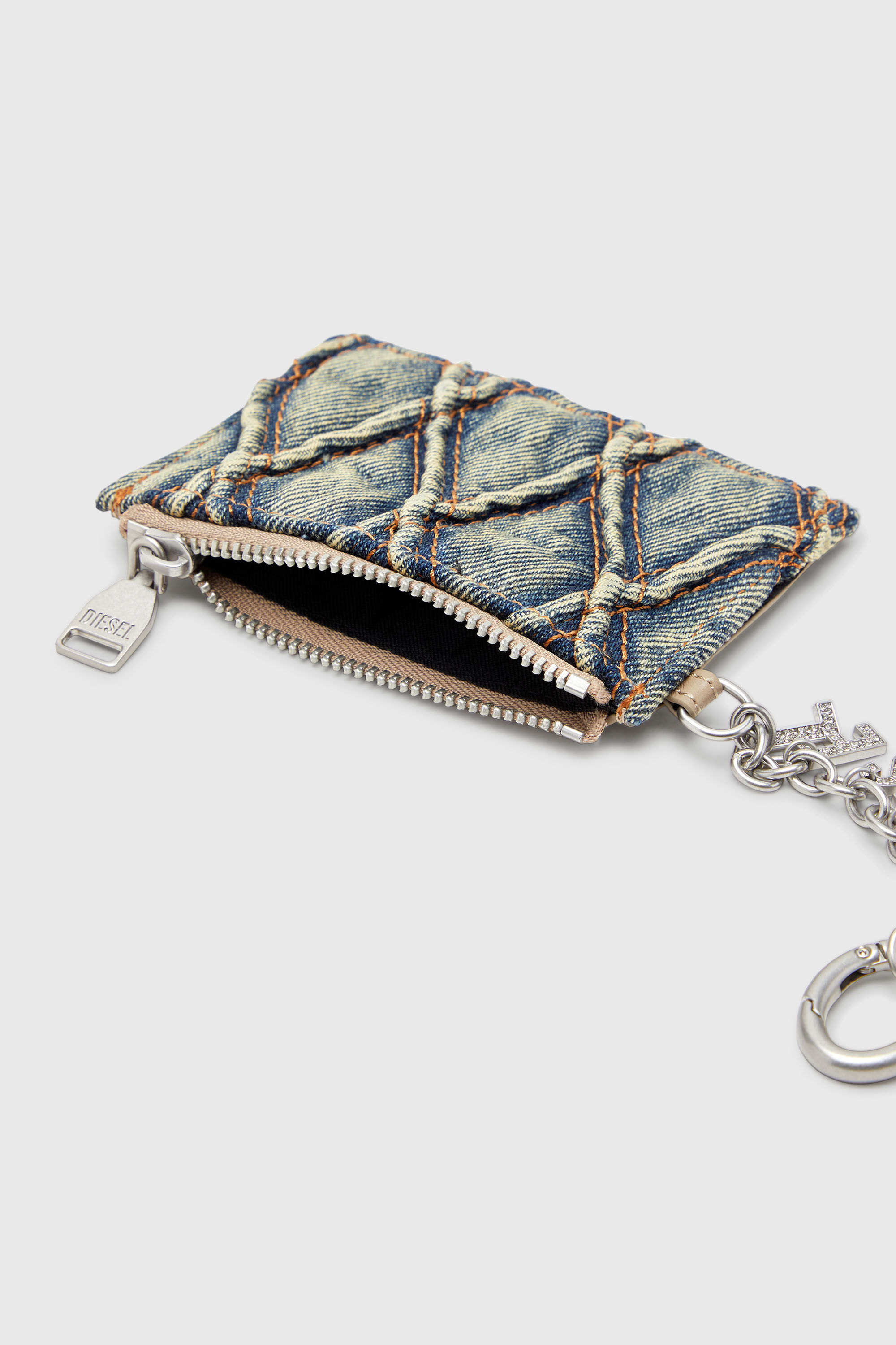 Diesel - CARD HOLDER WITH CHAIN, Damen Kartenetui aus gestepptem Argyle-Denim in Blau - 3