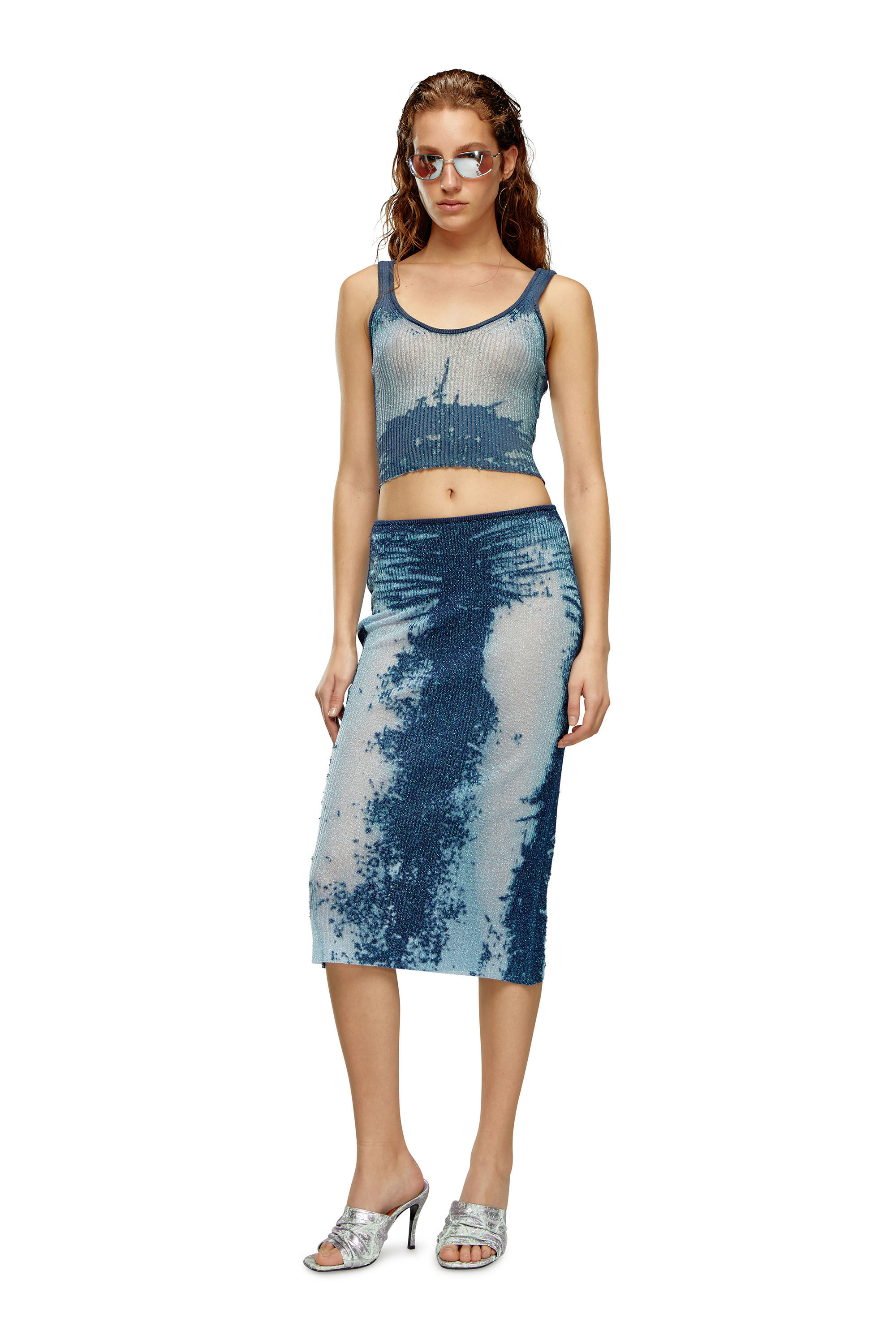 Diesel - M-BEGONIA, Woman Midi skirt in devoré metallic knit in Blue - Image 1