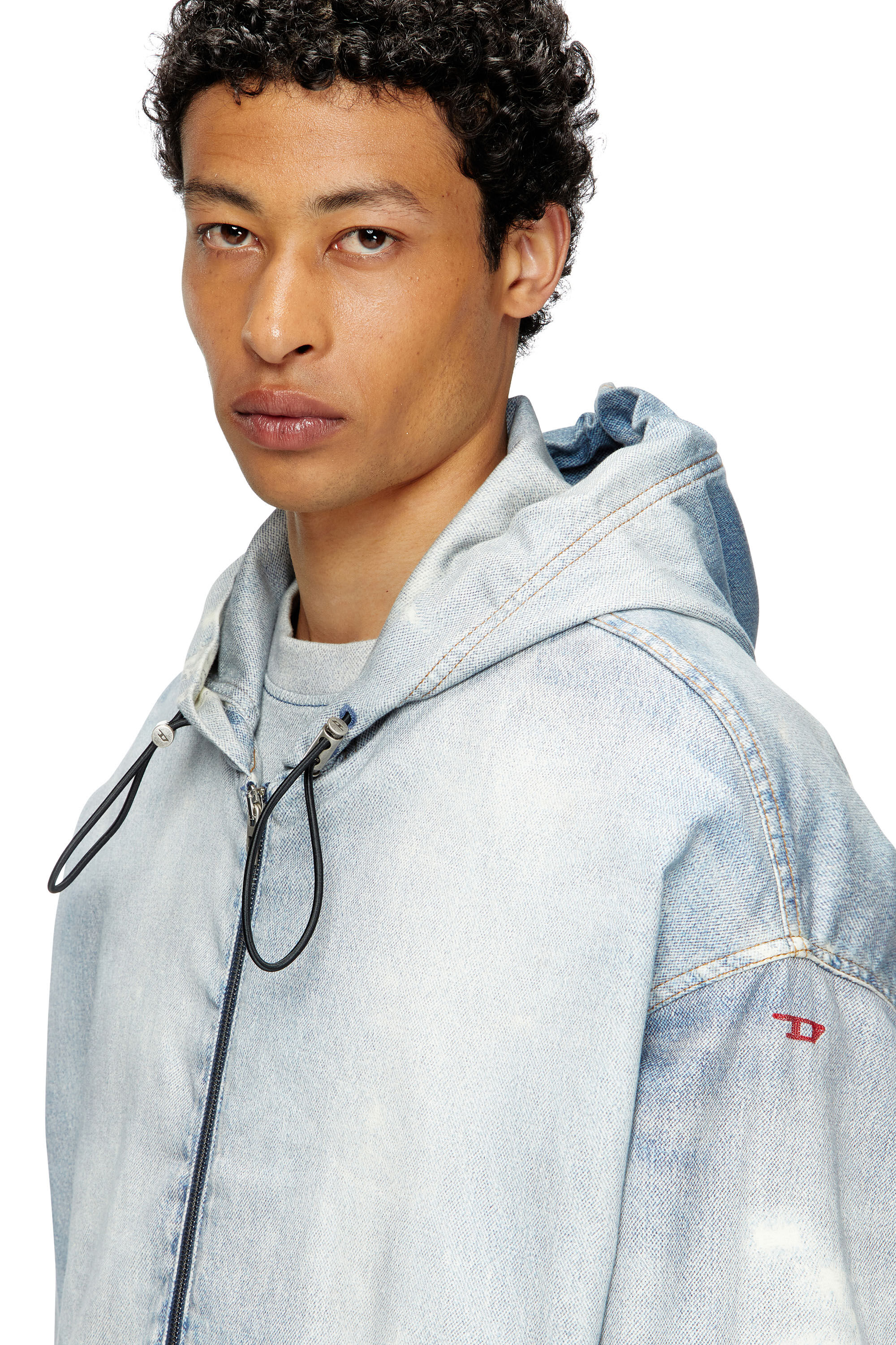 Diesel - D-WYNNY JOGG, Herren Jacke mit Kapuze aus bedruckter JoggJeans mit Bleicheffekt in Hellblau - 4