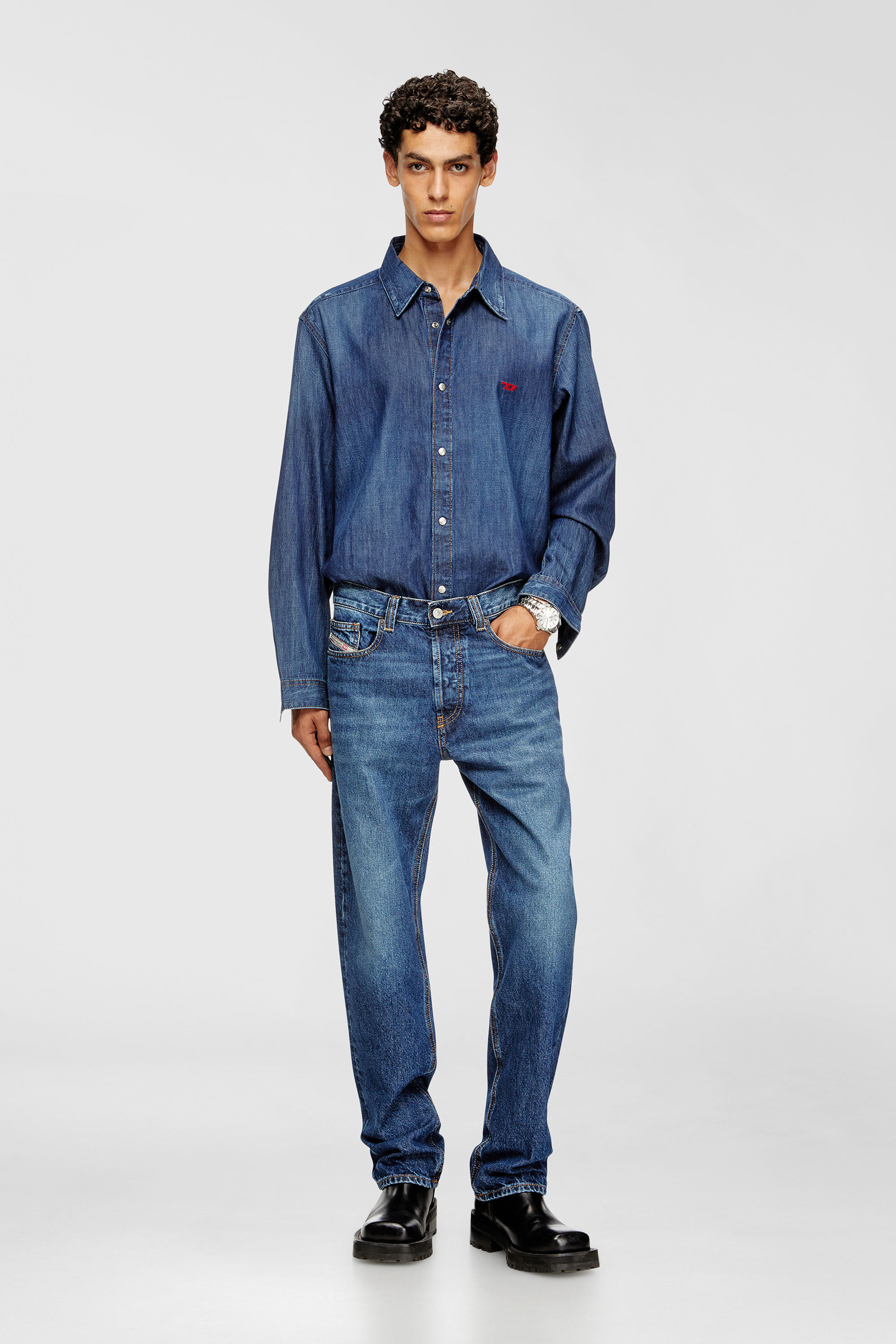 Diesel - D-SIMPLY, Herren Denimhemd mit gesticktem Logo in Mittelblau - 1