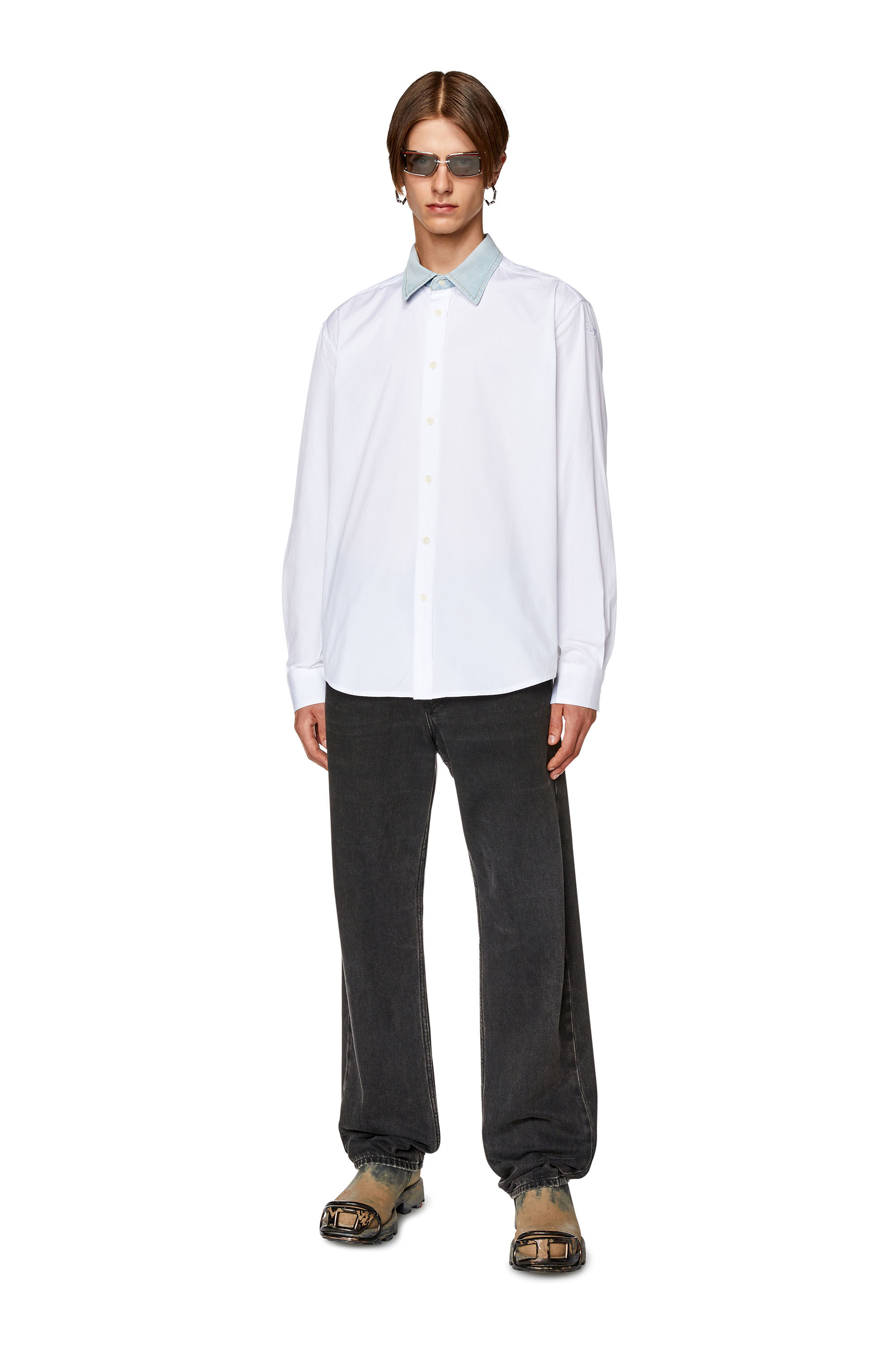 Diesel - S-HOLLS, Man Cotton shirt with denim collar in White - Image 1