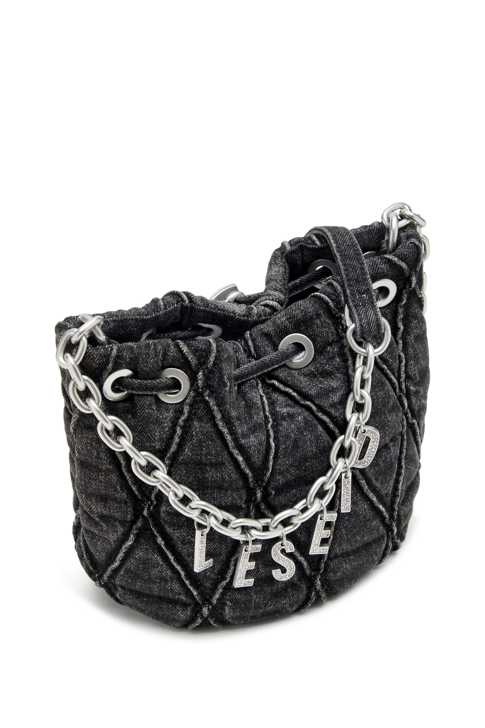 Diesel - CHARM-D BUCKET S, Damen Charm-D S-Mini-Beuteltasche aus behandeltem, gestepptem Denim in Schwarz - 2