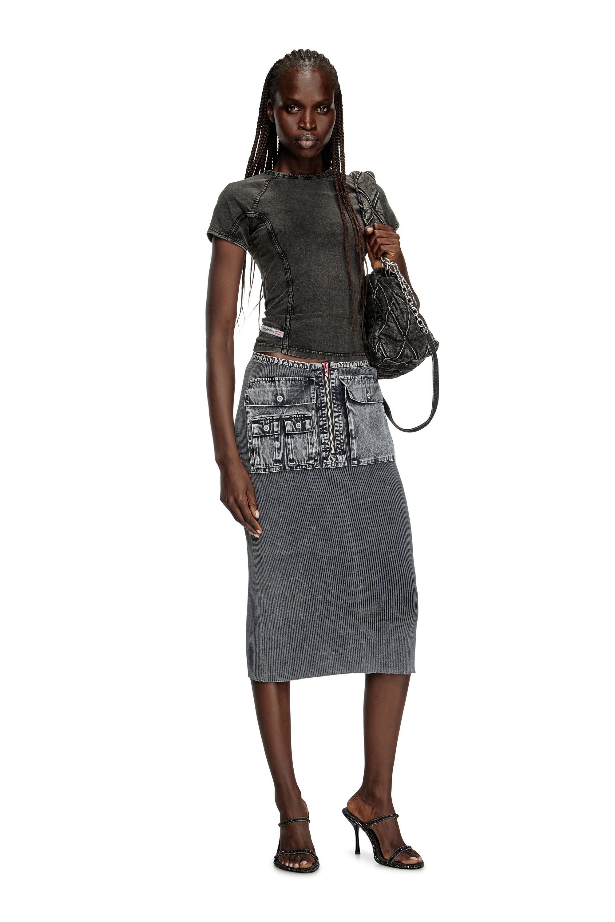Diesel - T-LYNNE, Damen Top aus Stretch-Jersey mit Denim-Effekt in Schwarz - 1
