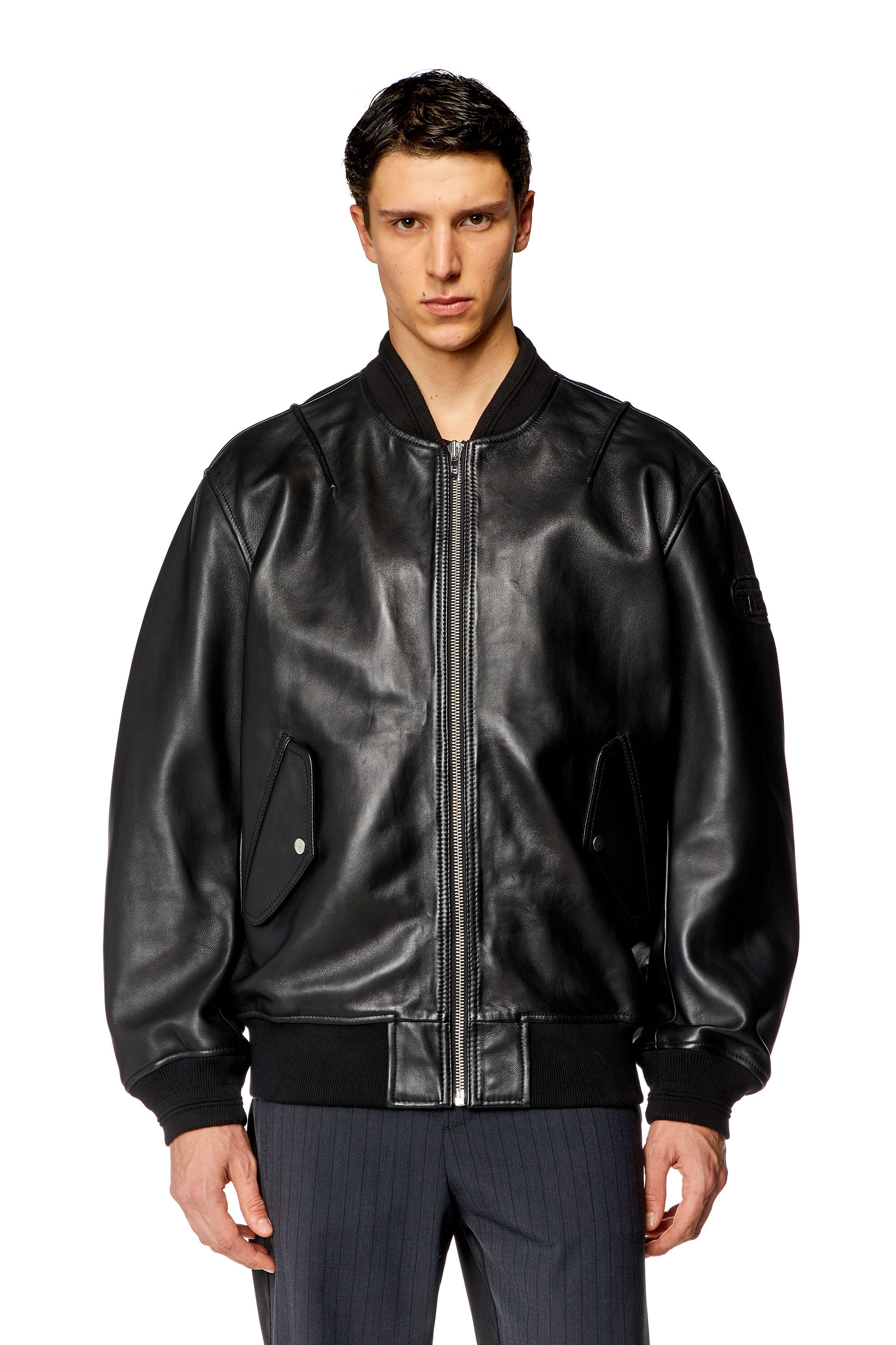 Herren Bomberjacke aus gewalktem Leder | Schwarz | Diesel