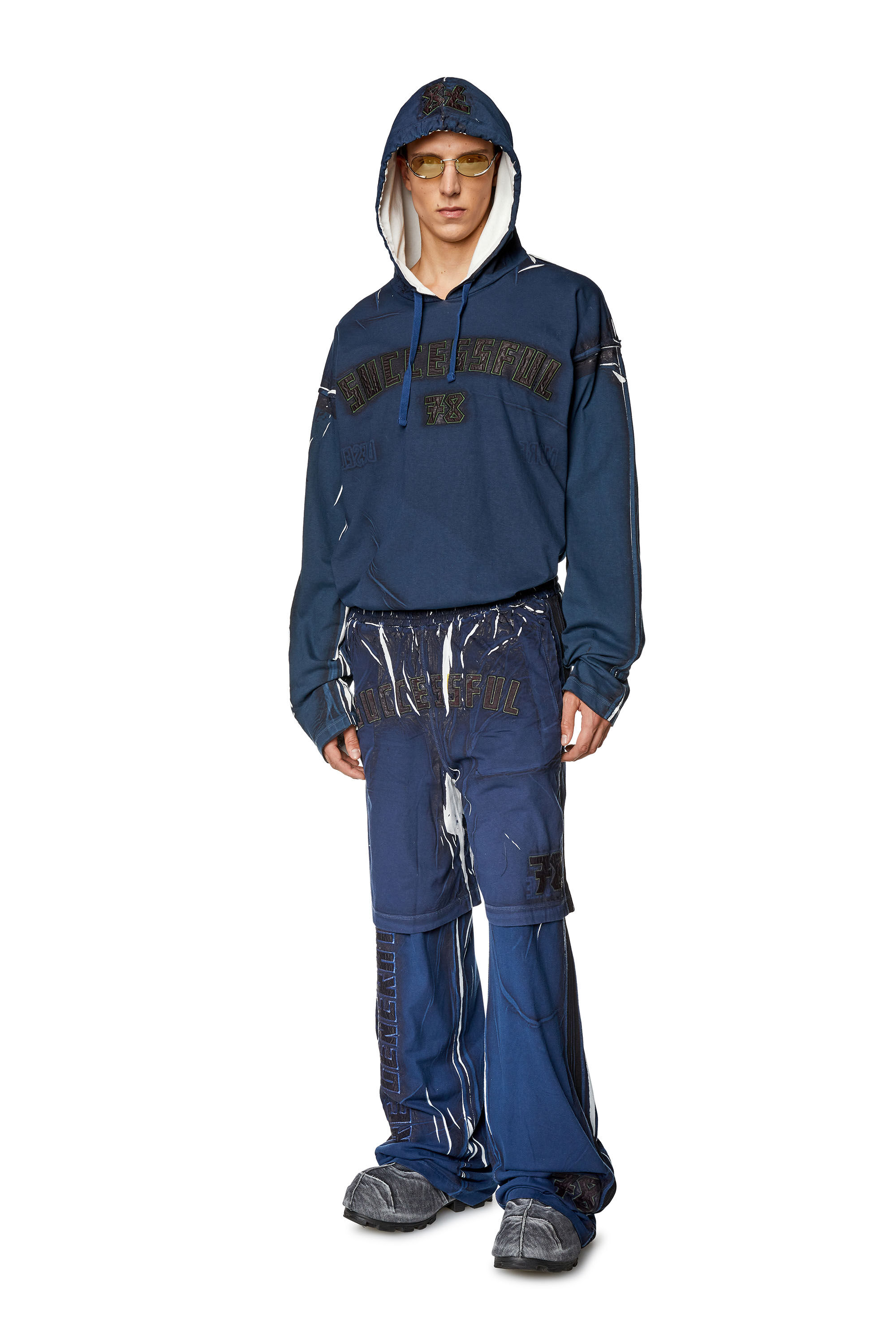 Diesel - T-NABEL-HOOD-LS, Herren Top mit Kapuze und Print und Logo-Applikationen in Dunkelblau - 1