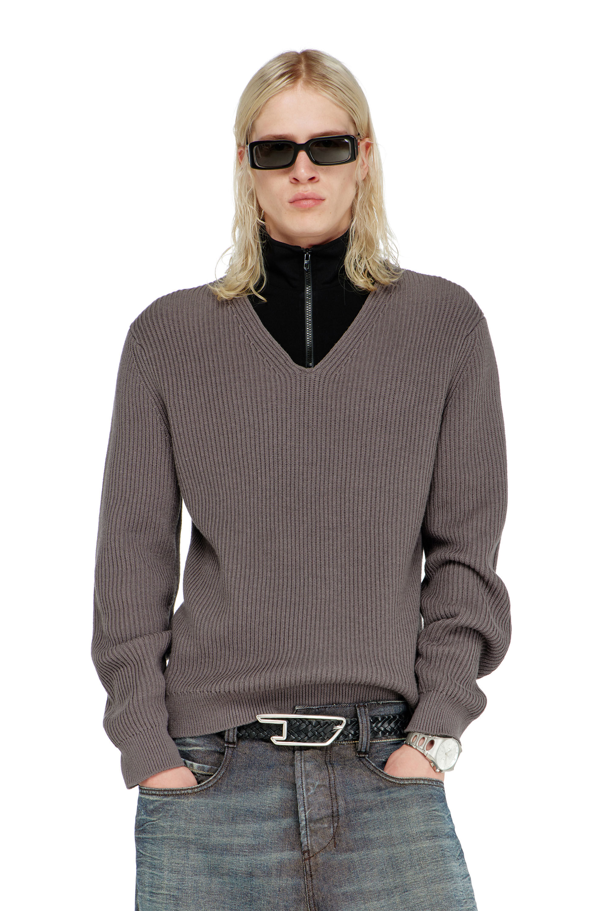Diesel - K-MAMU, Herren Pullover mit half-zip und doppellagigem Kragen in Schwarz/Grau - 3