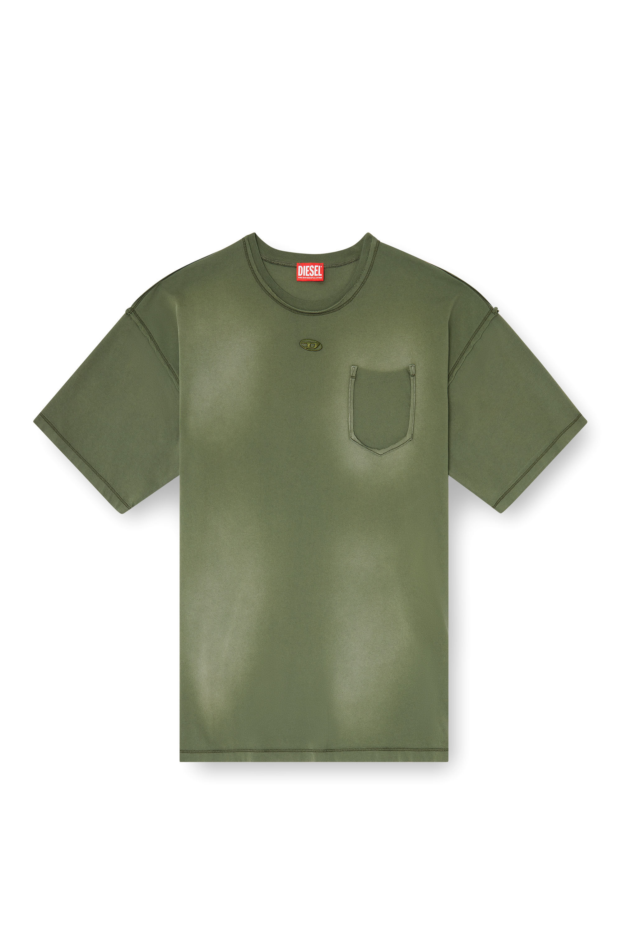 Diesel - T-POCK, Herren Verwaschenes T-Shirt mit zerrissener Brusttasche in Gr&uuml;n - 2