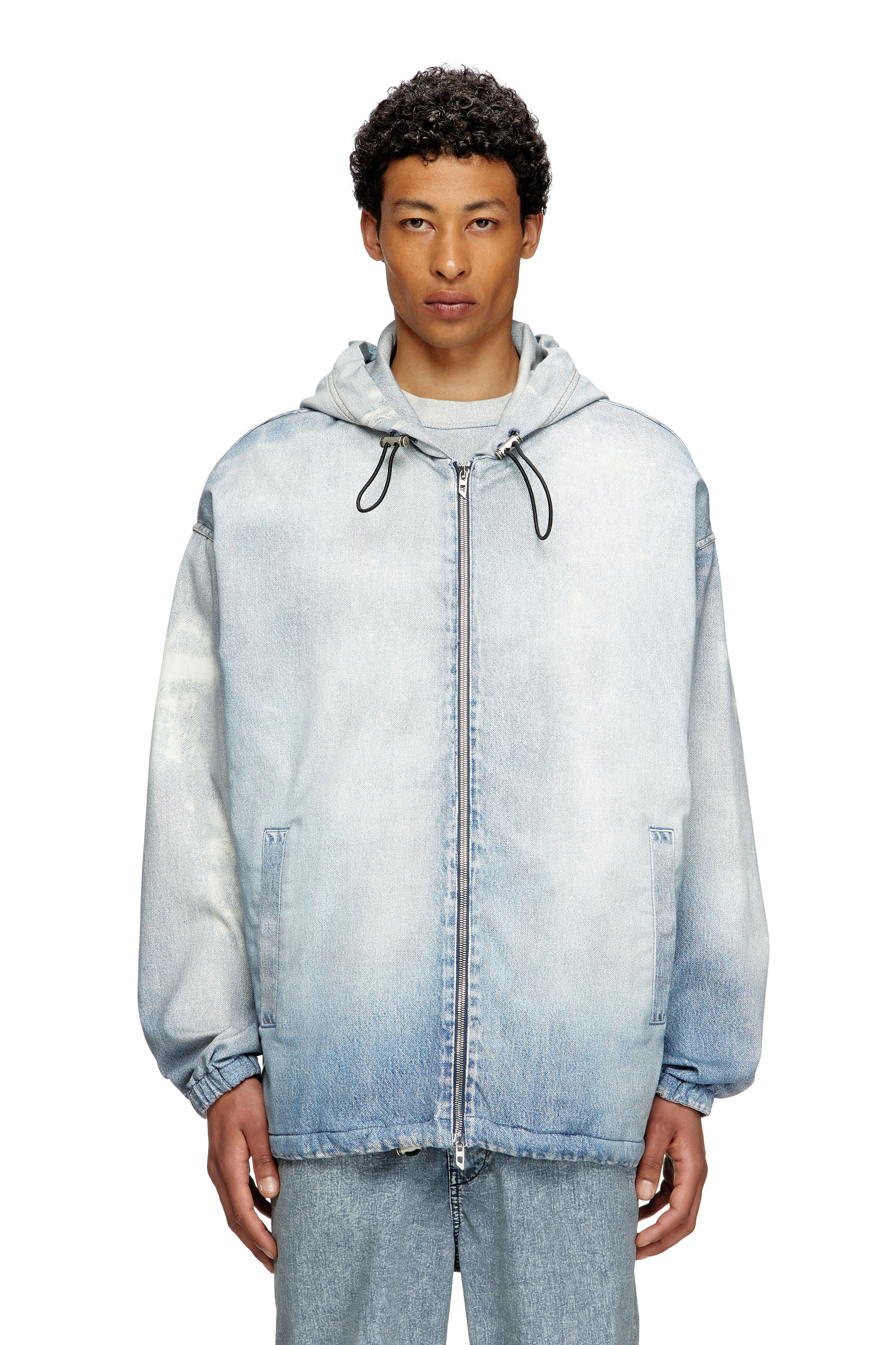 Diesel - D-WYNNY JOGG, Herren Jacke mit Kapuze aus bedruckter JoggJeans mit Bleicheffekt in Hellblau - 2
