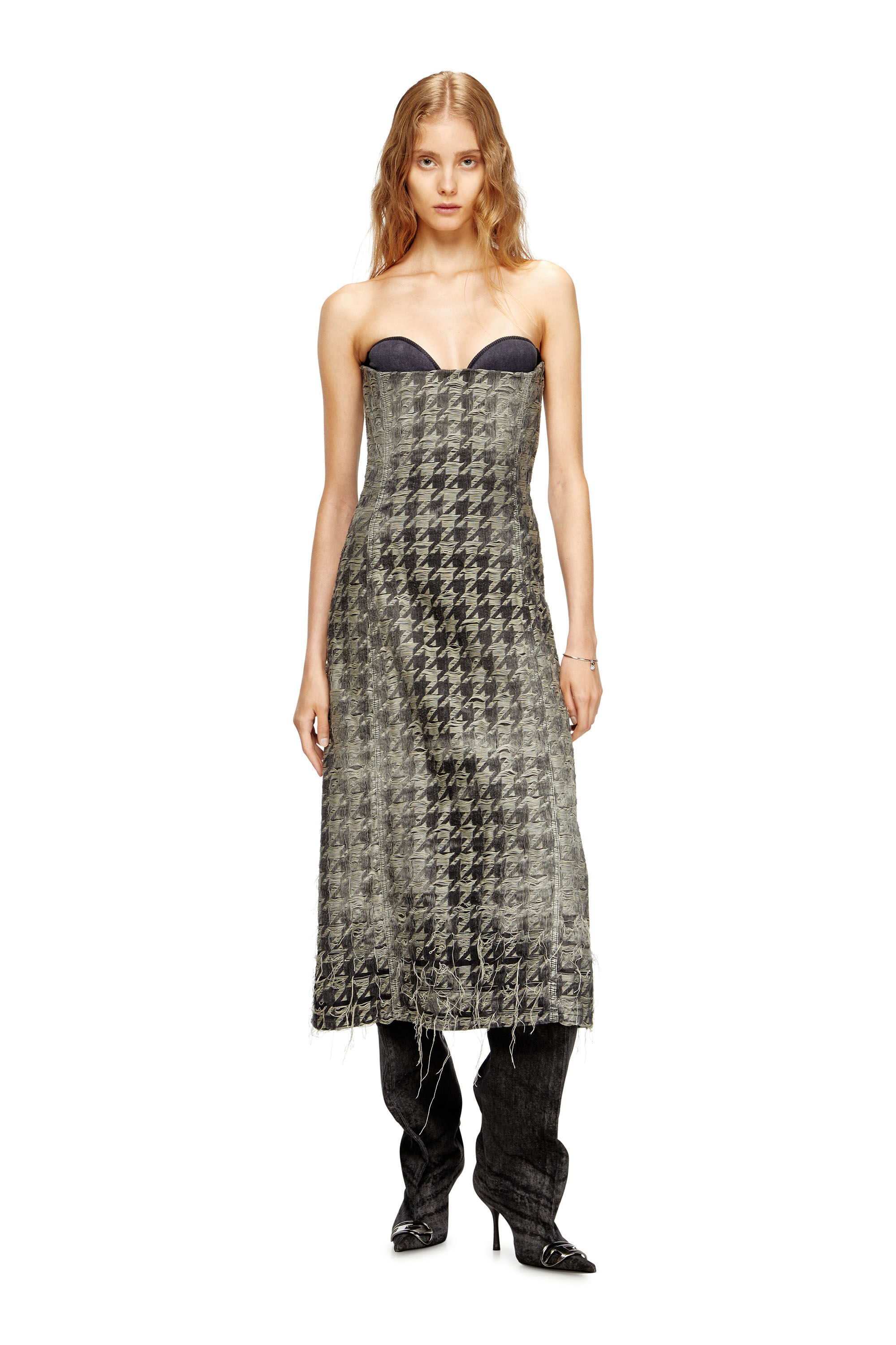 Diesel - DE-OLIVIA-FSH, Damen Midi-Kleid aus Jeansgewebe mit Hahnentritt-Muster in Schwarz/Weiss - 1