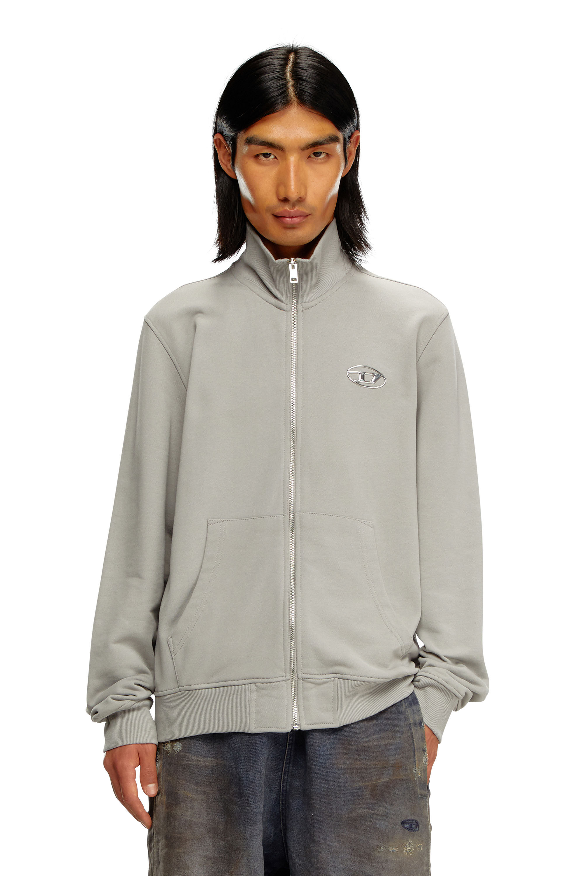Diesel - S-GINNI-ZIP-OD, Herren Sweatshirt mit Metallic-Logo und Reißverschluss in Hellgrau - 3