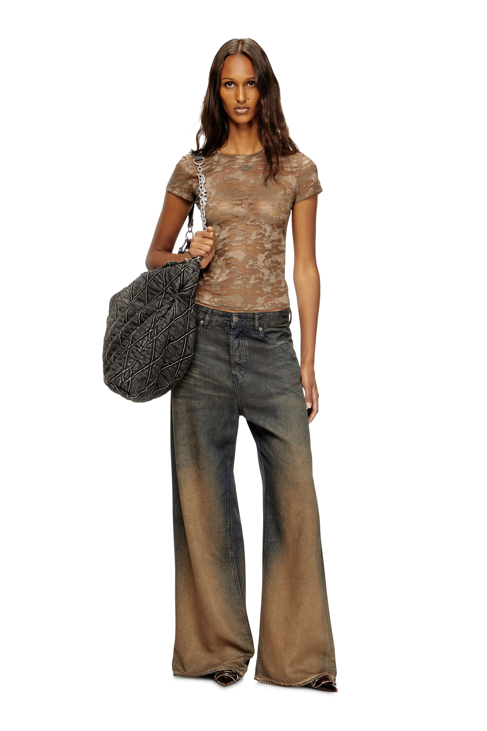 Diesel - KASIA-UTLT, Damen T-Shirt mit Camouflage-Spitze in Braun - 6