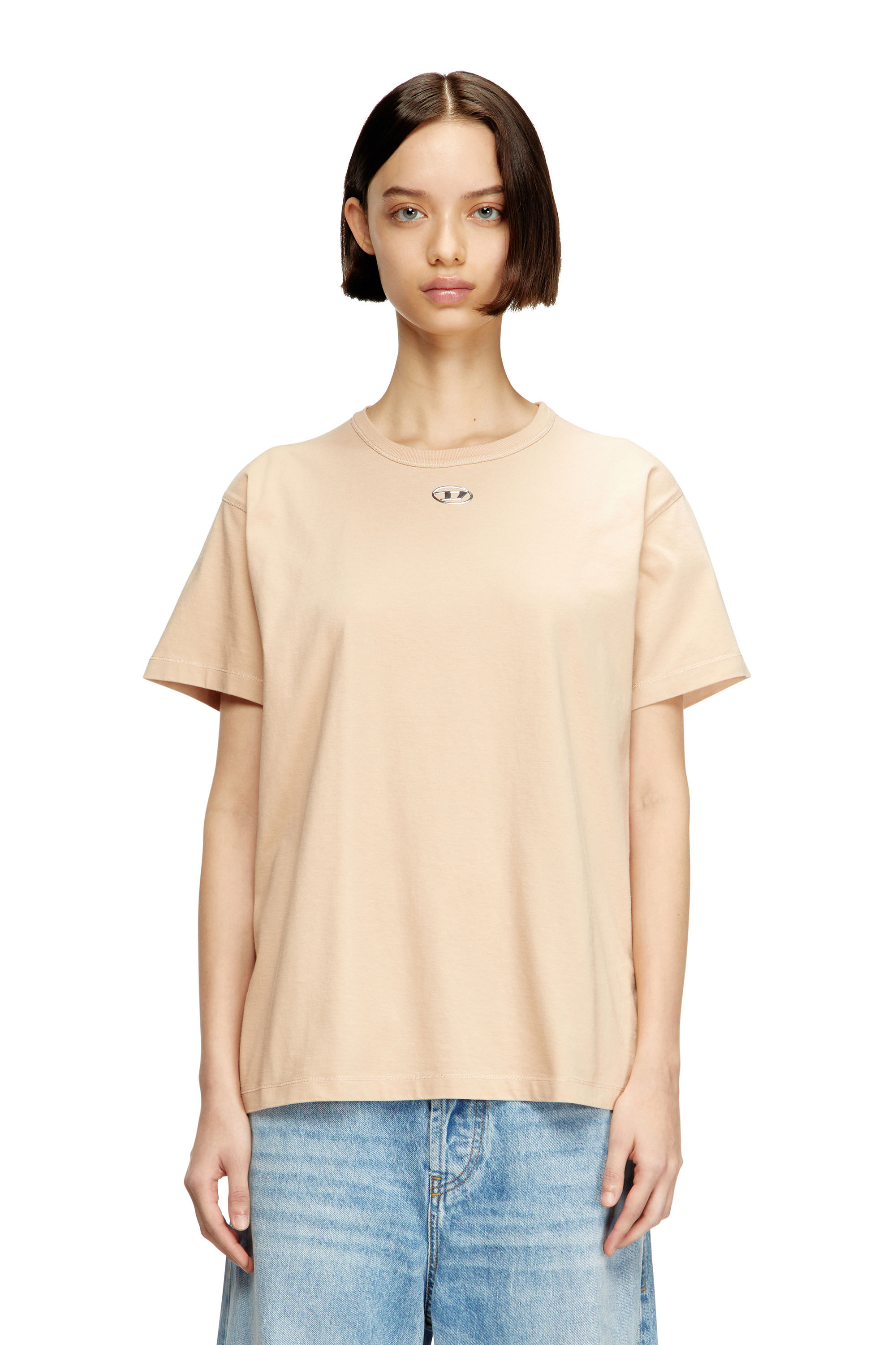 Diesel - T-NORMY-OD-S1, Damen Baumwoll-T-Shirt mit metallischem Oval D in Beige - 3