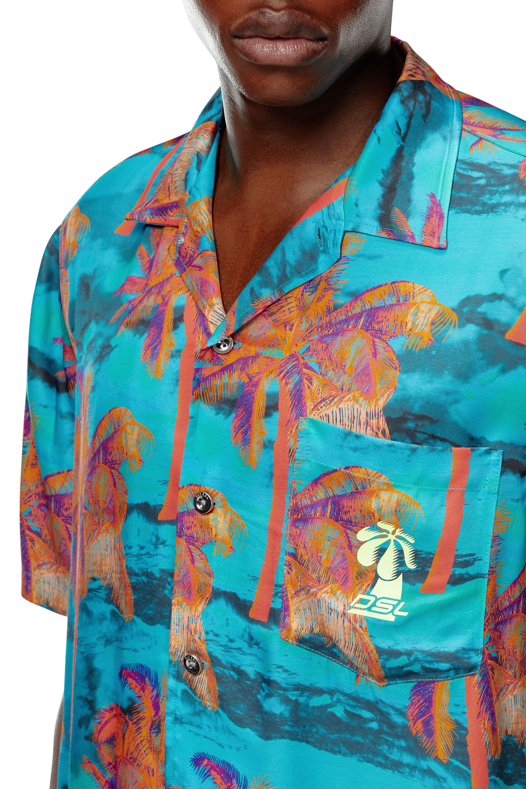 Diesel - BMOWT-ADRIAN, Herren Strandshirt mit Palmen-Print in Blau - 4