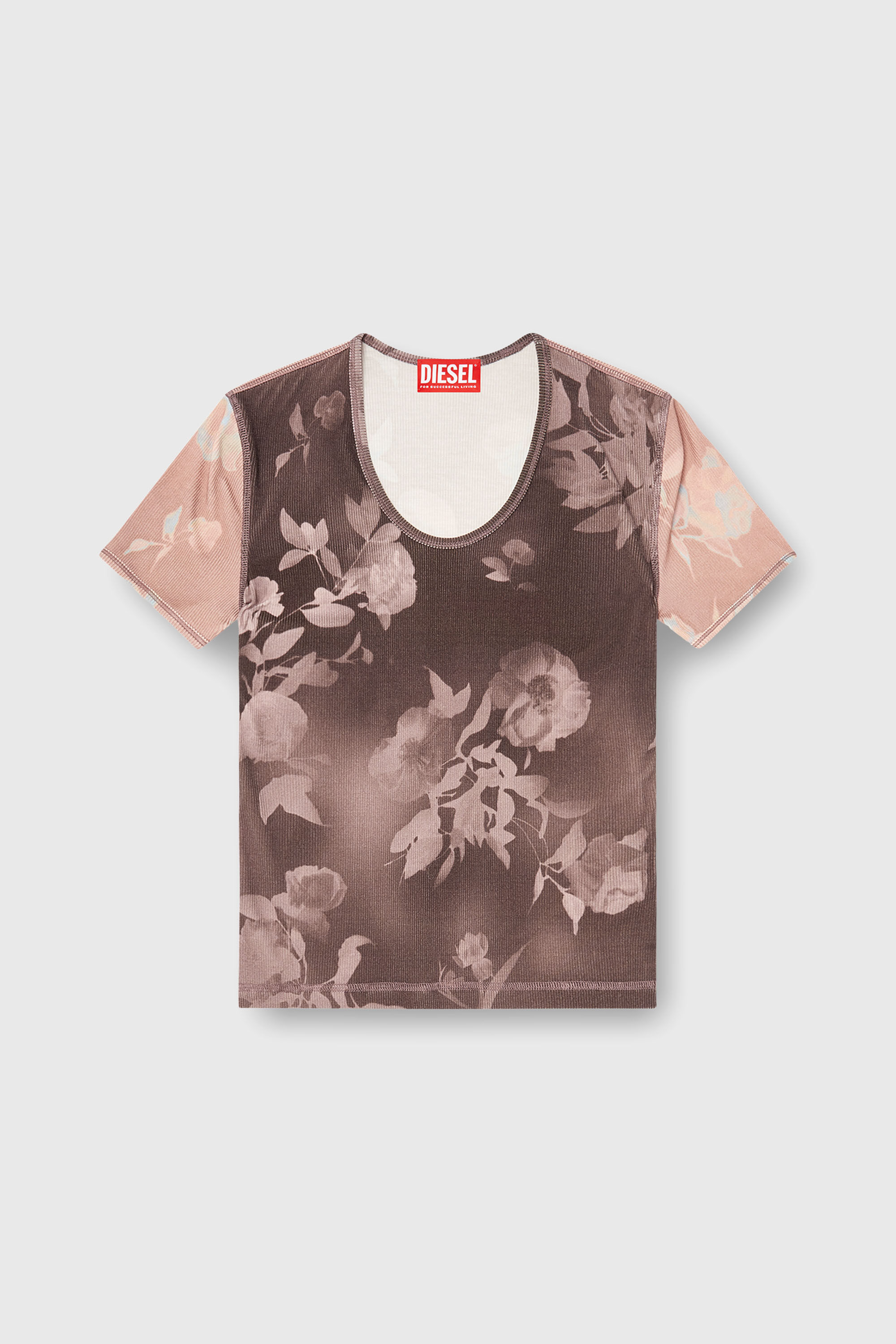 Diesel - T-ELENEWU, Damen Top aus geripptem Jersey mit Blumenprint in Braun/Rosa - 2
