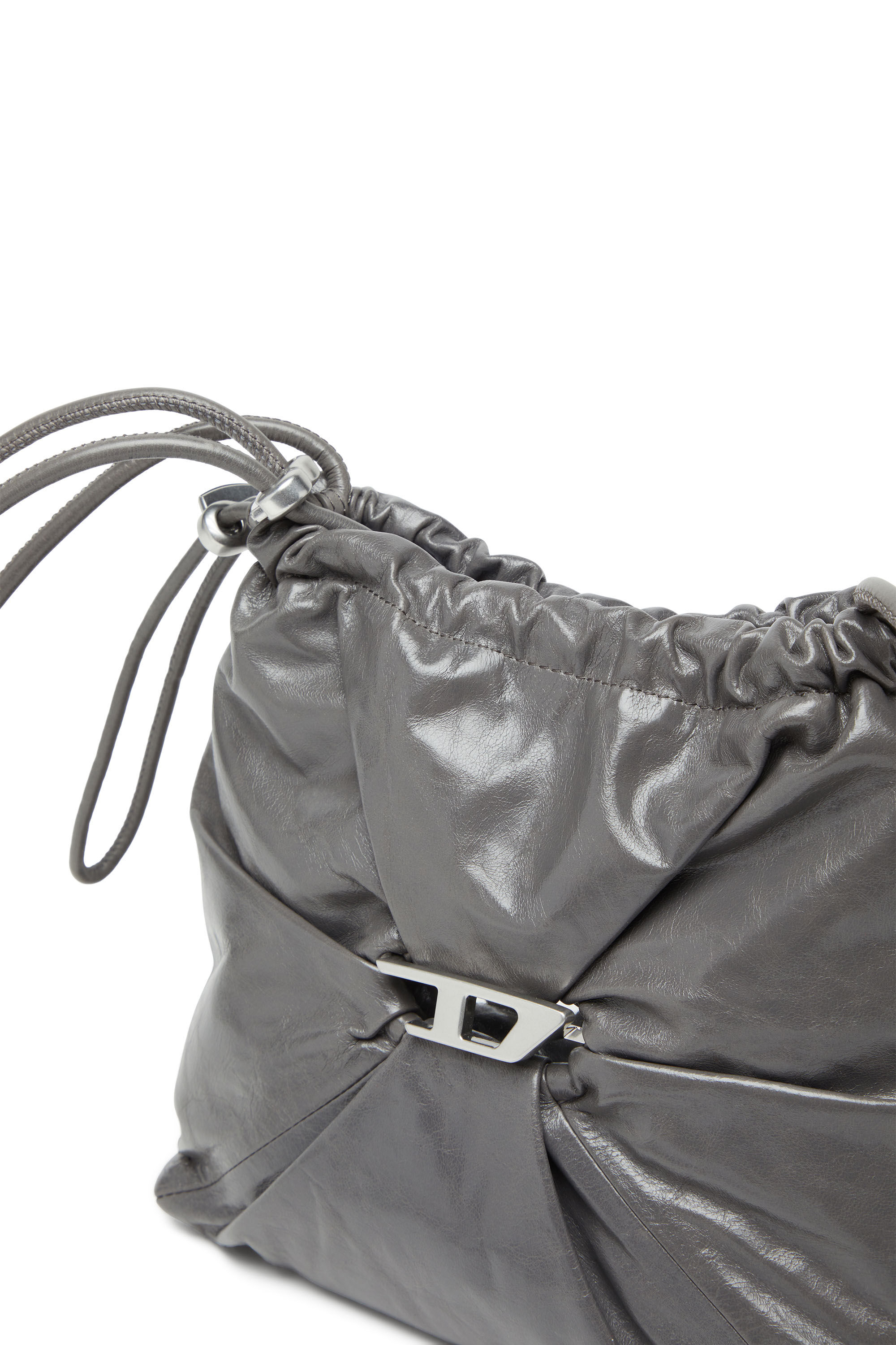 Diesel - SCRUNCH-D BUCKET, Damen Scrunch-D-Beuteltasche aus glänzendem zerknittertem Leder in Grau - 2