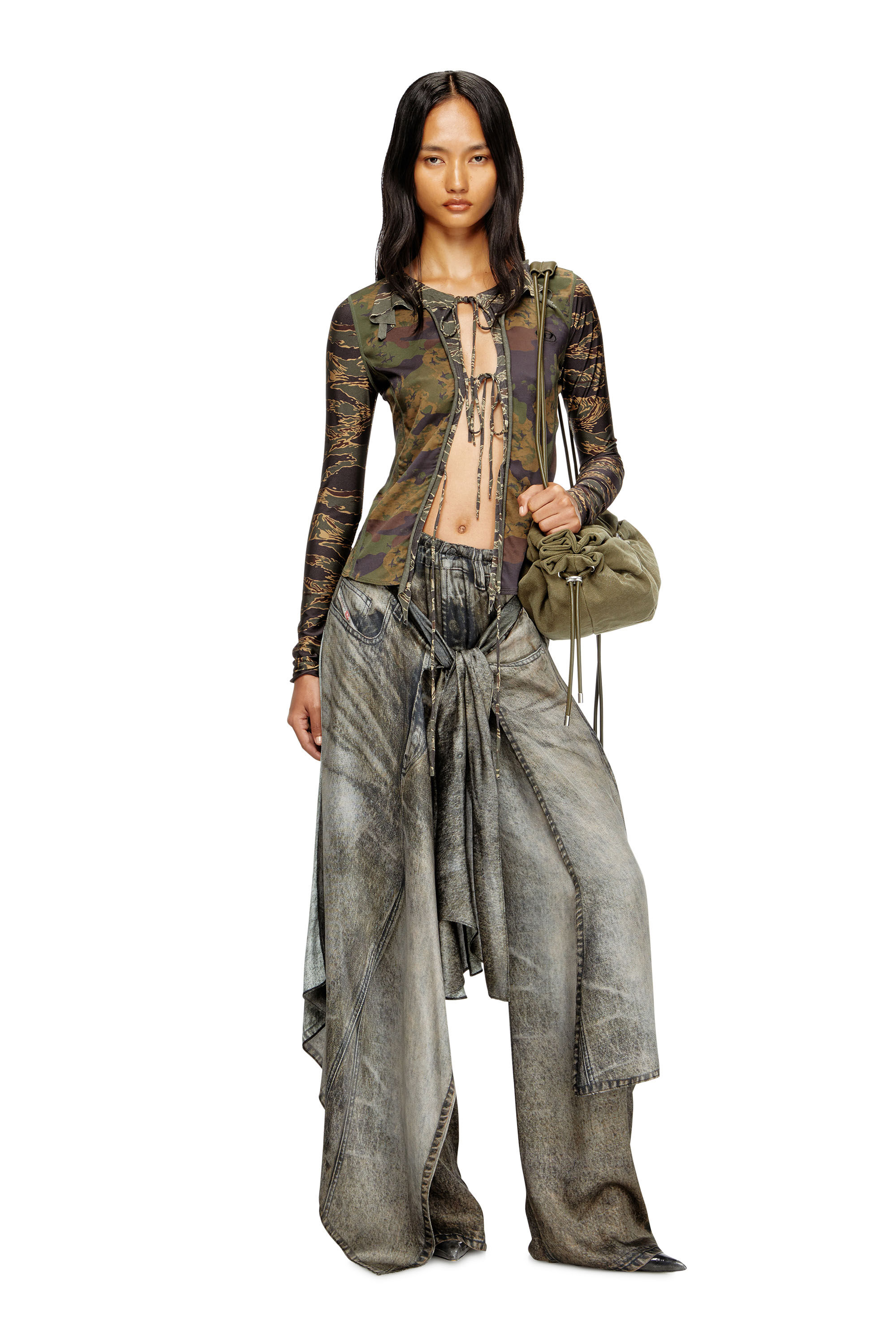 Diesel - T-AFRY, Damen Cardi­gan zum Binden mit gemischten Camo-Prints in Armeegrün - 1