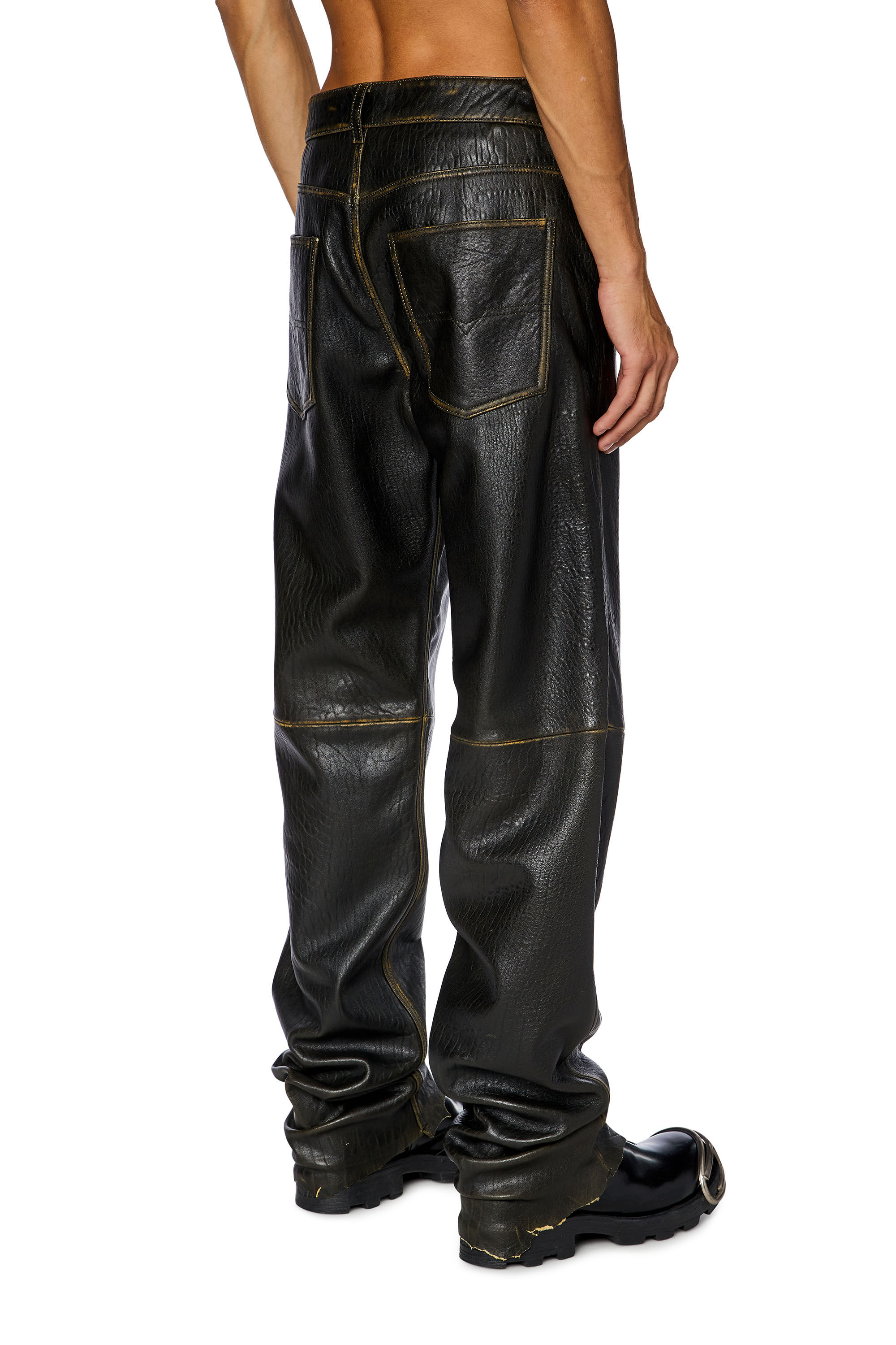 Men's Textured leather pants with logo cut-out | Brown | Diesel