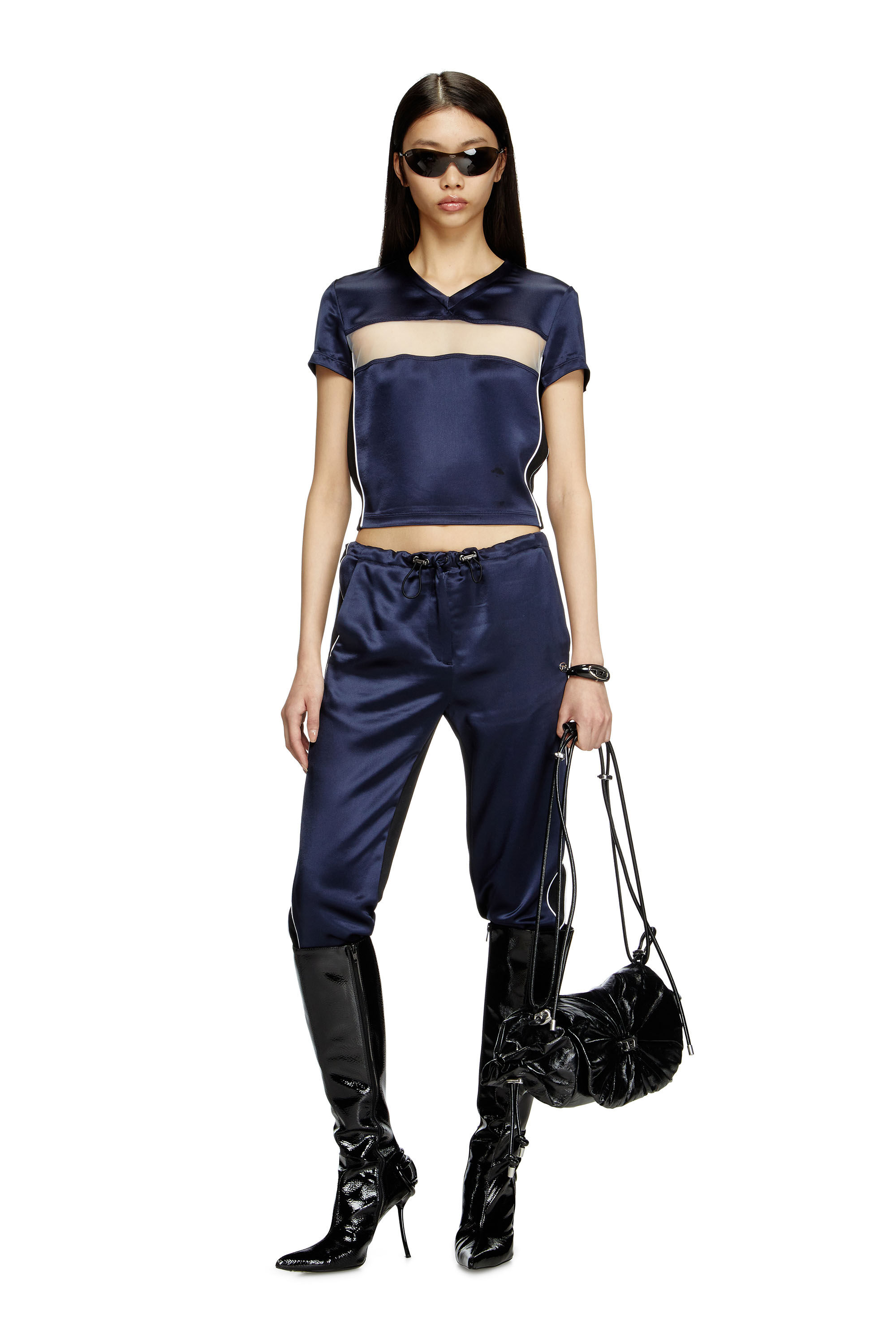 Diesel - T-RACE, Damen Kurzes T-Shirt aus Satin, Strick und Tüll in Dunkelblau - 1