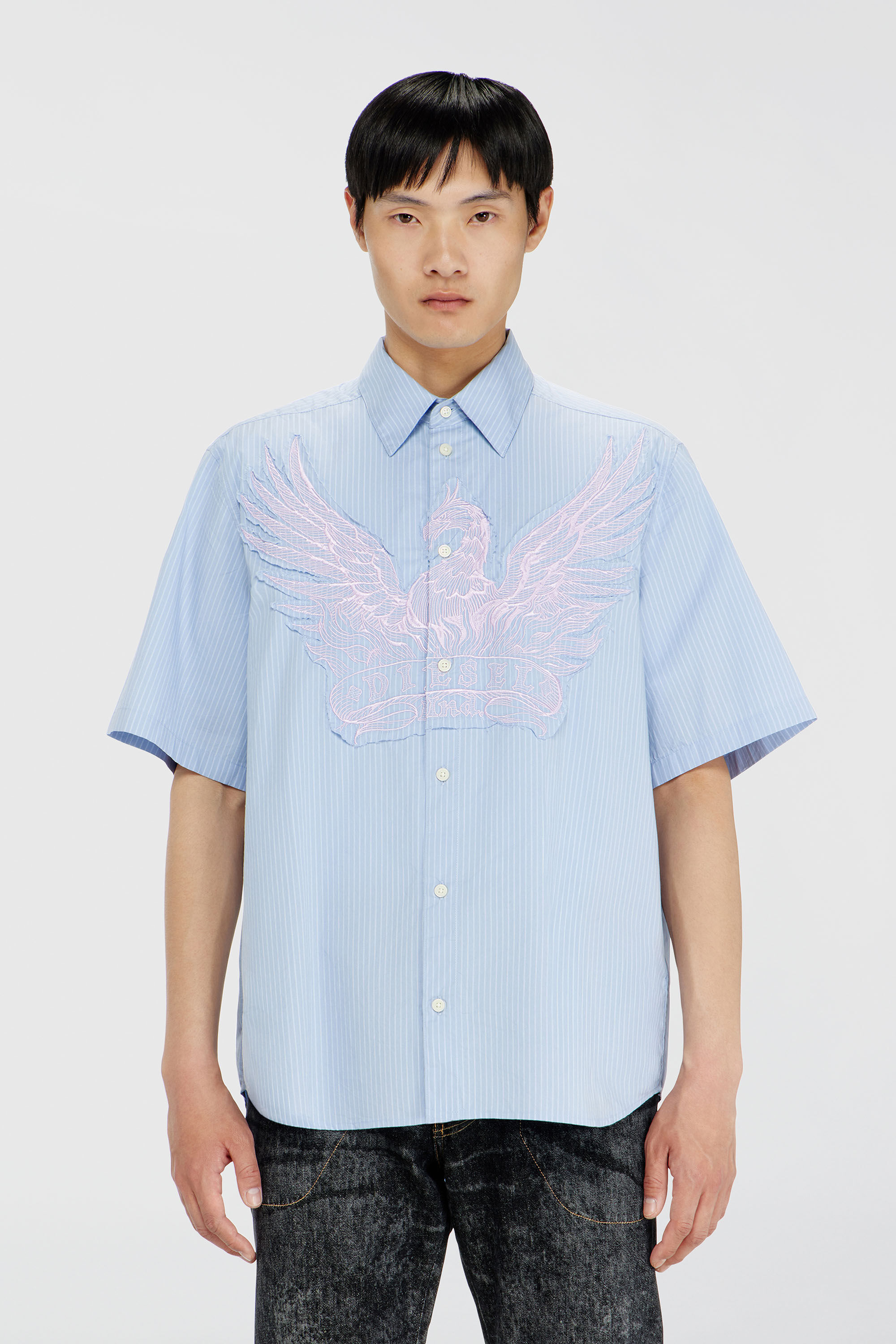 Diesel - S-SIMPLY-SS-AGCZ, Herren Gestreiftes Popeline-Hemd mit Stickpatch in Hellblau - 3