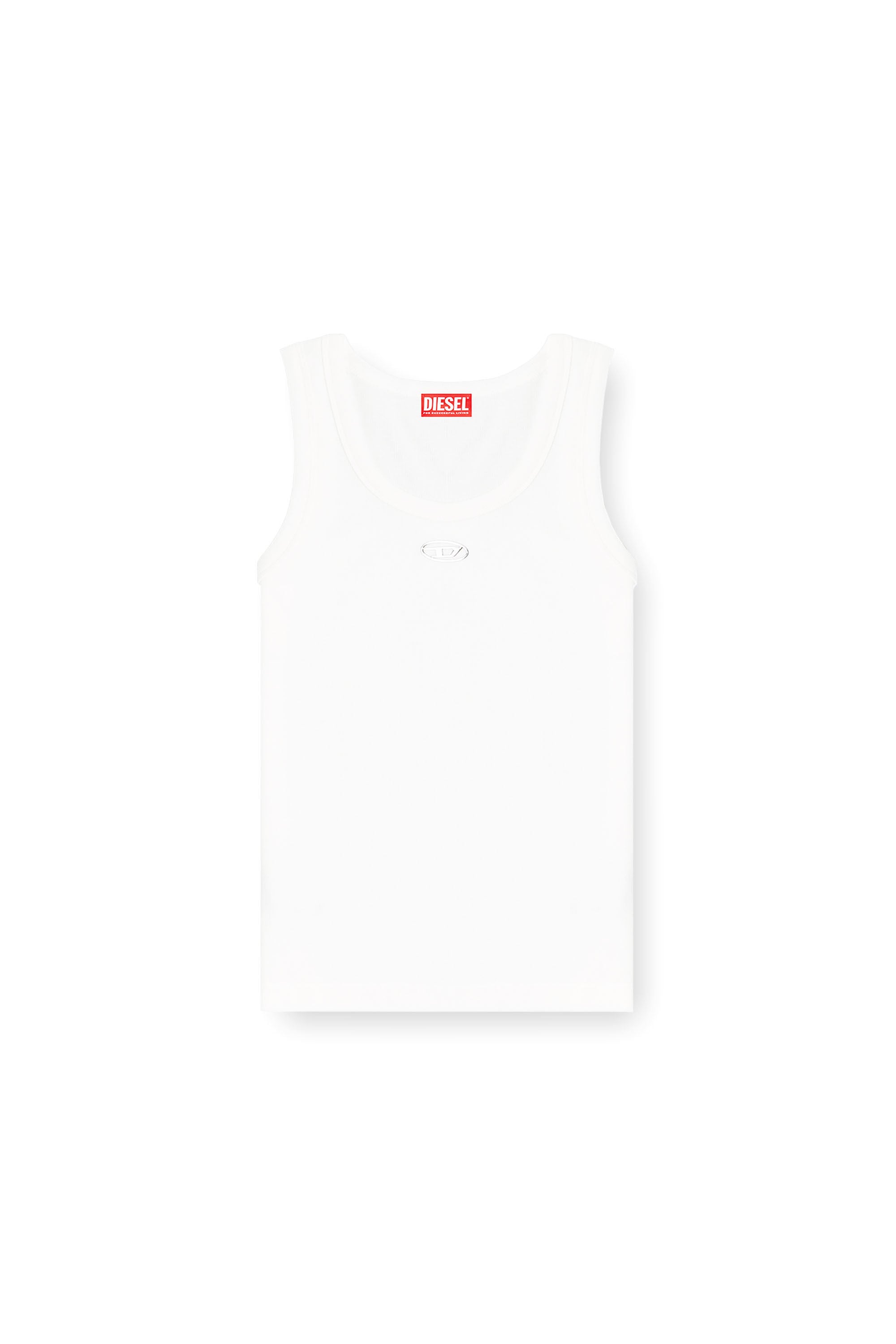 Diesel - T-ANKI-OD, Damen Schmal geschnittenes, geripptes Tanktop mit metallischem Oval D in Wei&szlig; - 2