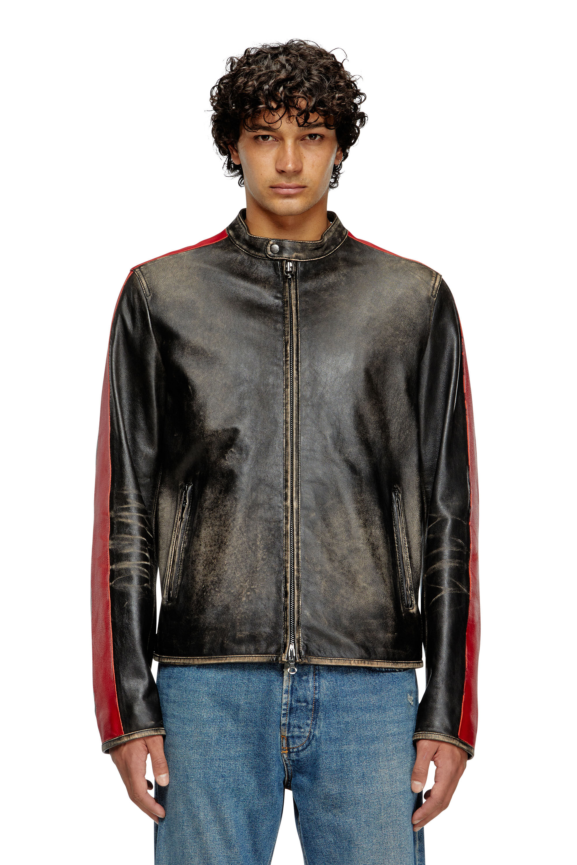Diesel - L-RENN, Herren Jacke aus Leder mit kontrastfarbenen Streifen in Schwarz/Rot - 3
