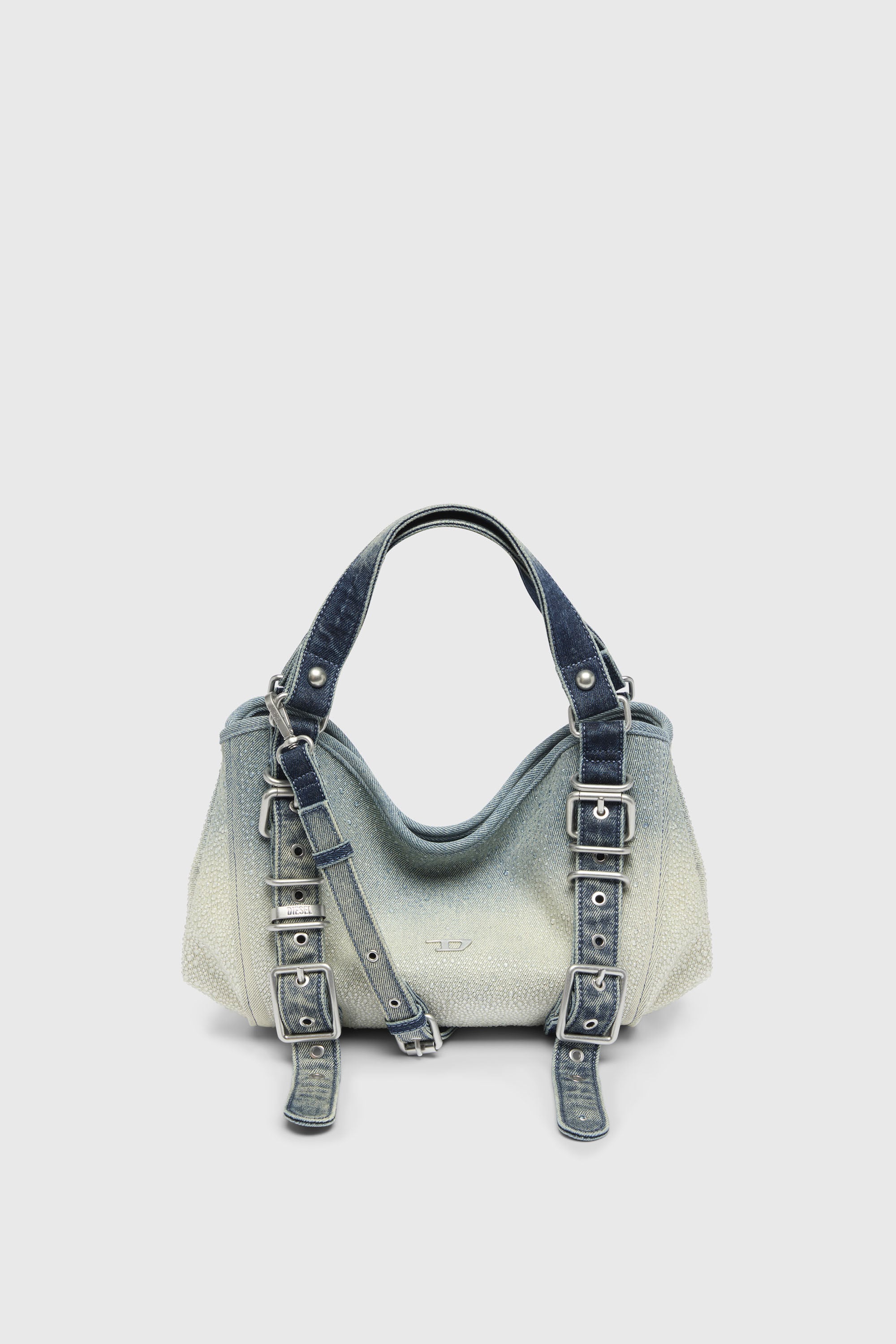 Diesel - D-ONE TOPHANDLE S, Damen D-One-Small Henkeltasche aus solarisiertem Denim mit Kristallen in Blau - 1