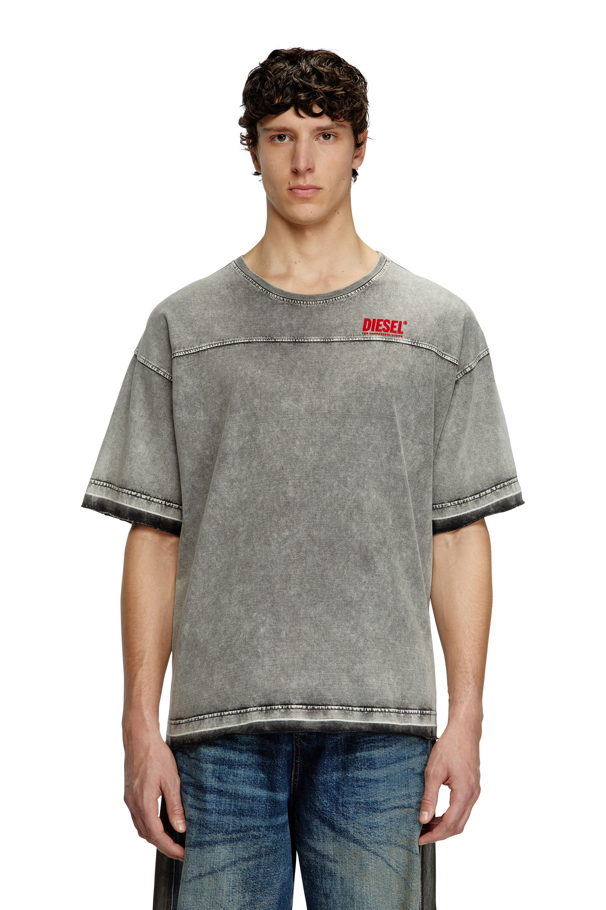 Diesel - T-HOXT, Herren T-Shirt in Denim-Optik mit freigesetzten Säumen in Hellgrau - 3