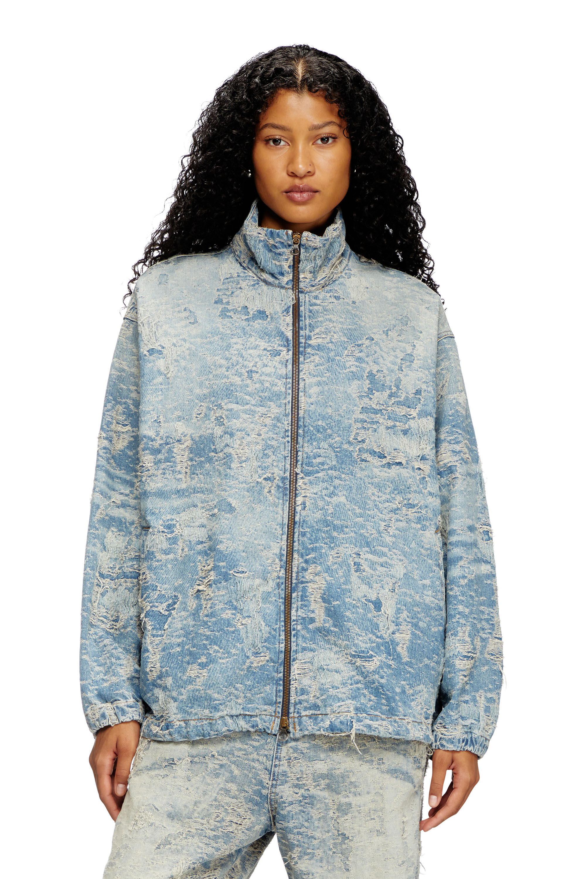 Diesel - D-KRAP-FSF, Unisex Jacke mit Reißverschluss aus Jacquard-Denim mit Schmutz-Effekt in Hellblau - 3