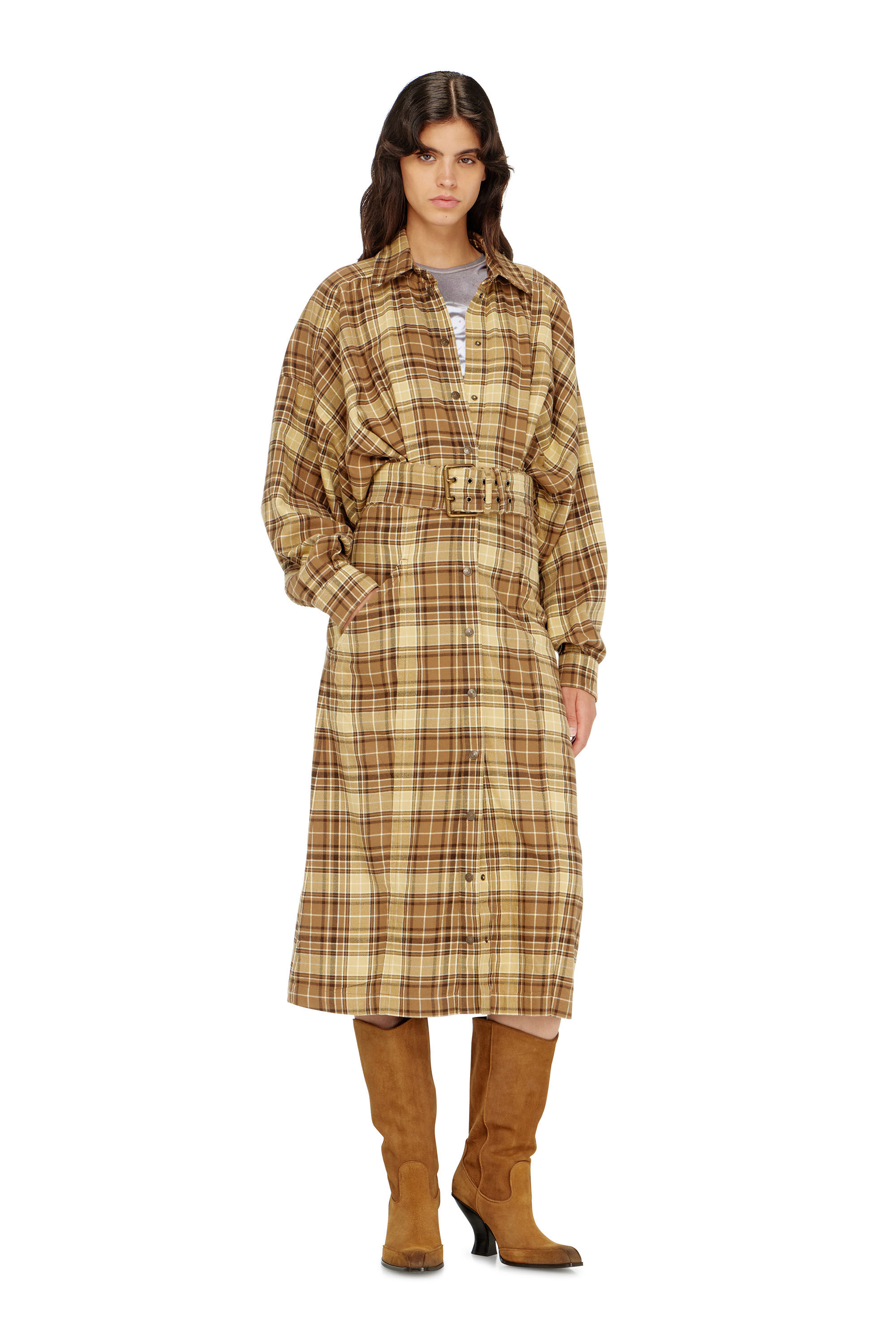 Diesel - D-EDALUS, Damen Midikleid aus kariertem Flanell mit breitem G&uuml;rtel in Braun/Gelb - 3