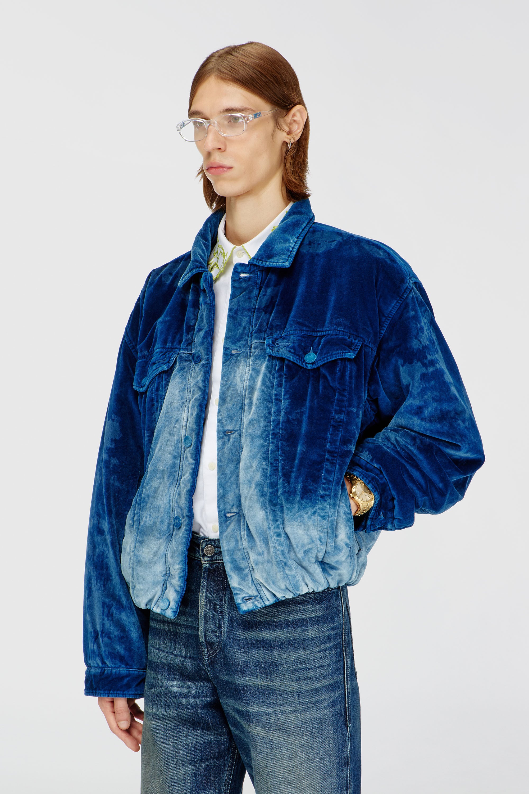 Diesel - D-MORVI-FSJ, Herren Elastische Truckerjacke aus Samt-Denim in Dunkelblau - 3