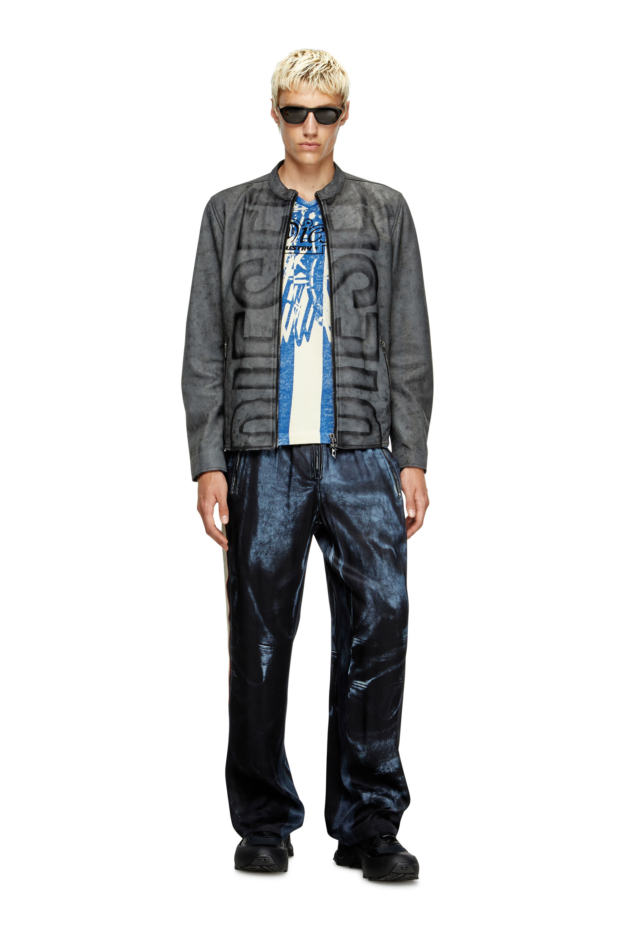Diesel - L-EVERT-A, Herren Behandelte Bikerjacke aus Leder mit verblasstem Logo in Grau - 1