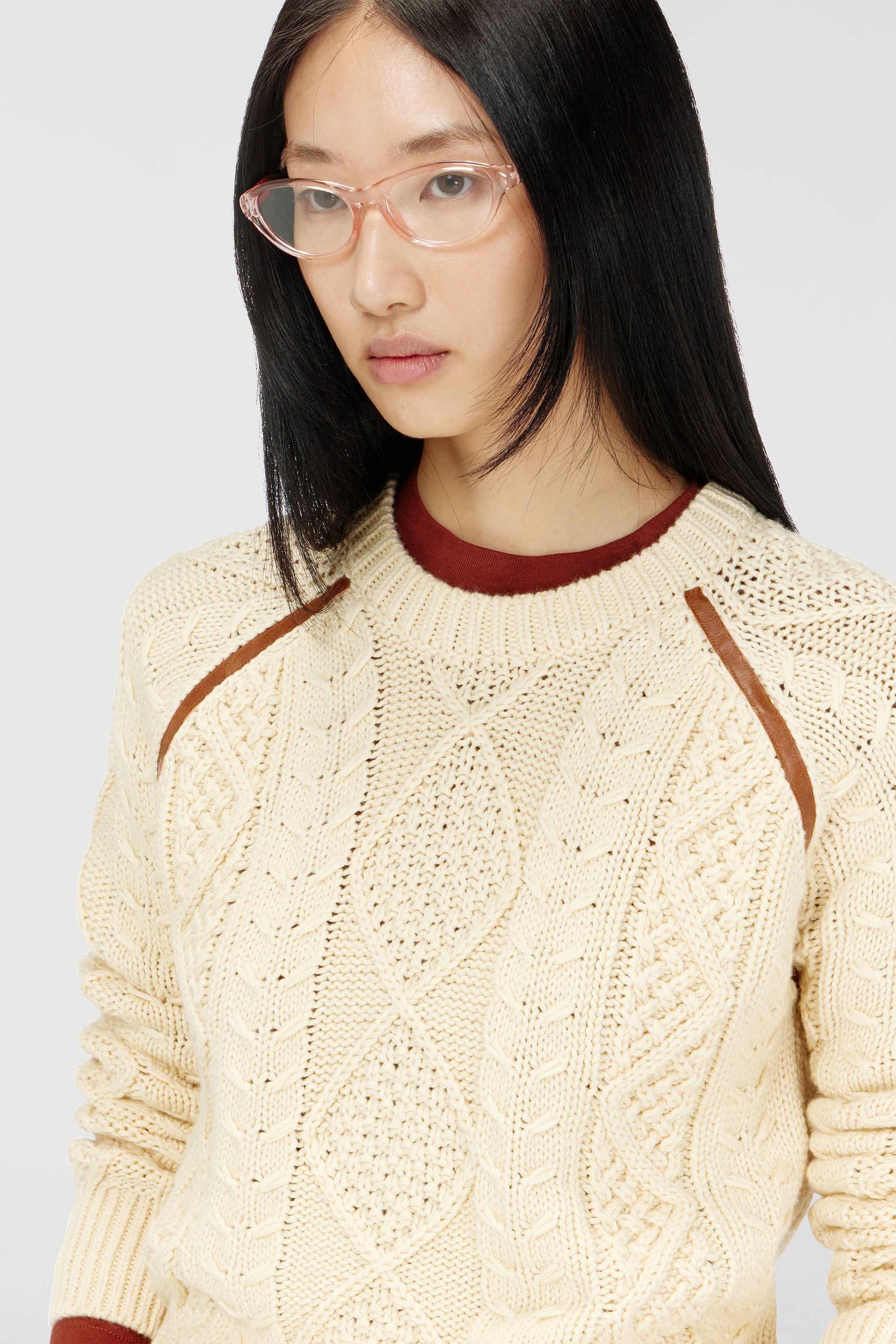Diesel - M-INTANA, Woman's Cable-knit jumper with contrast bands in Beige - 5