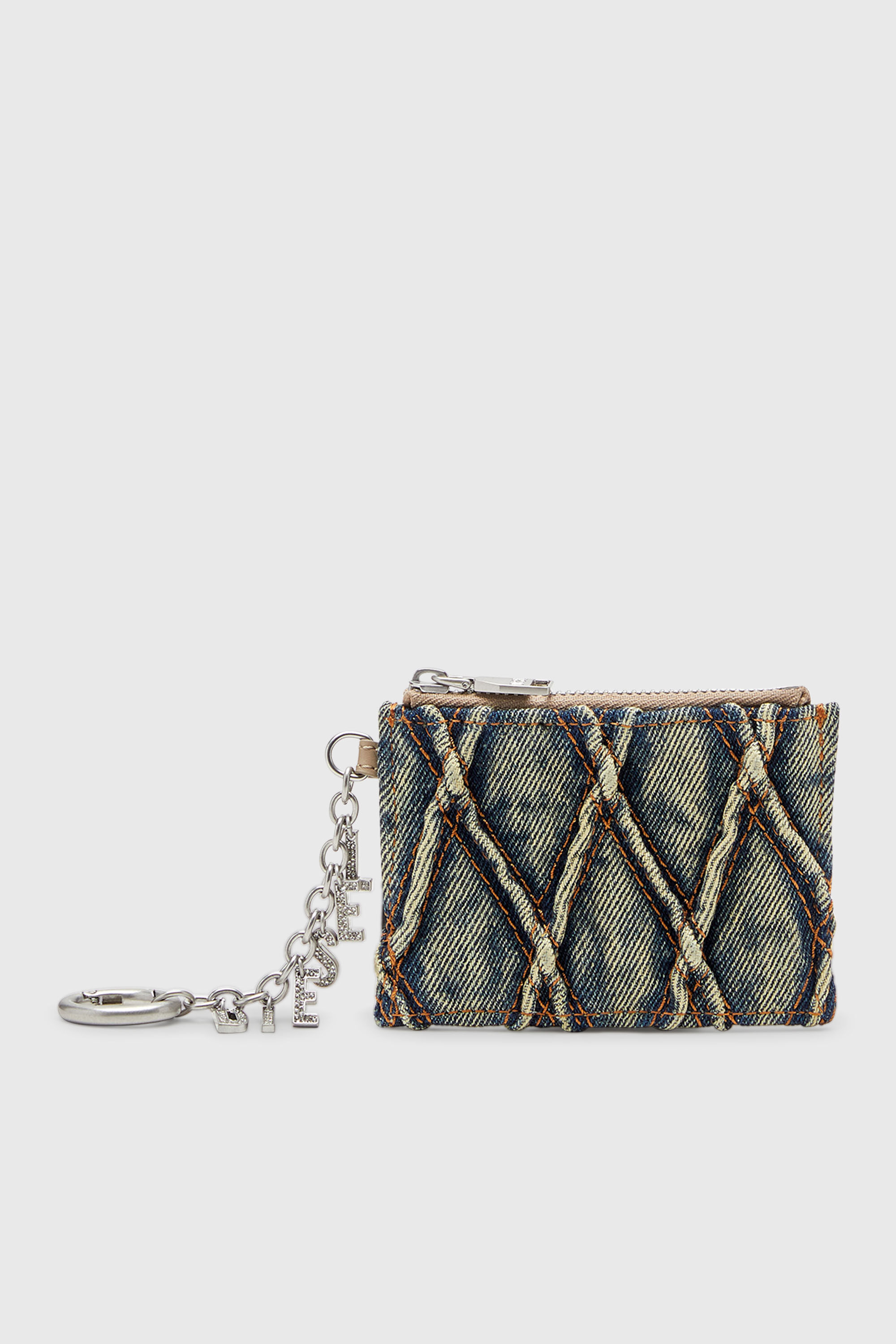 Diesel - CARD HOLDER WITH CHAIN, Damen Kartenetui aus gestepptem Argyle-Denim in Blau - 1