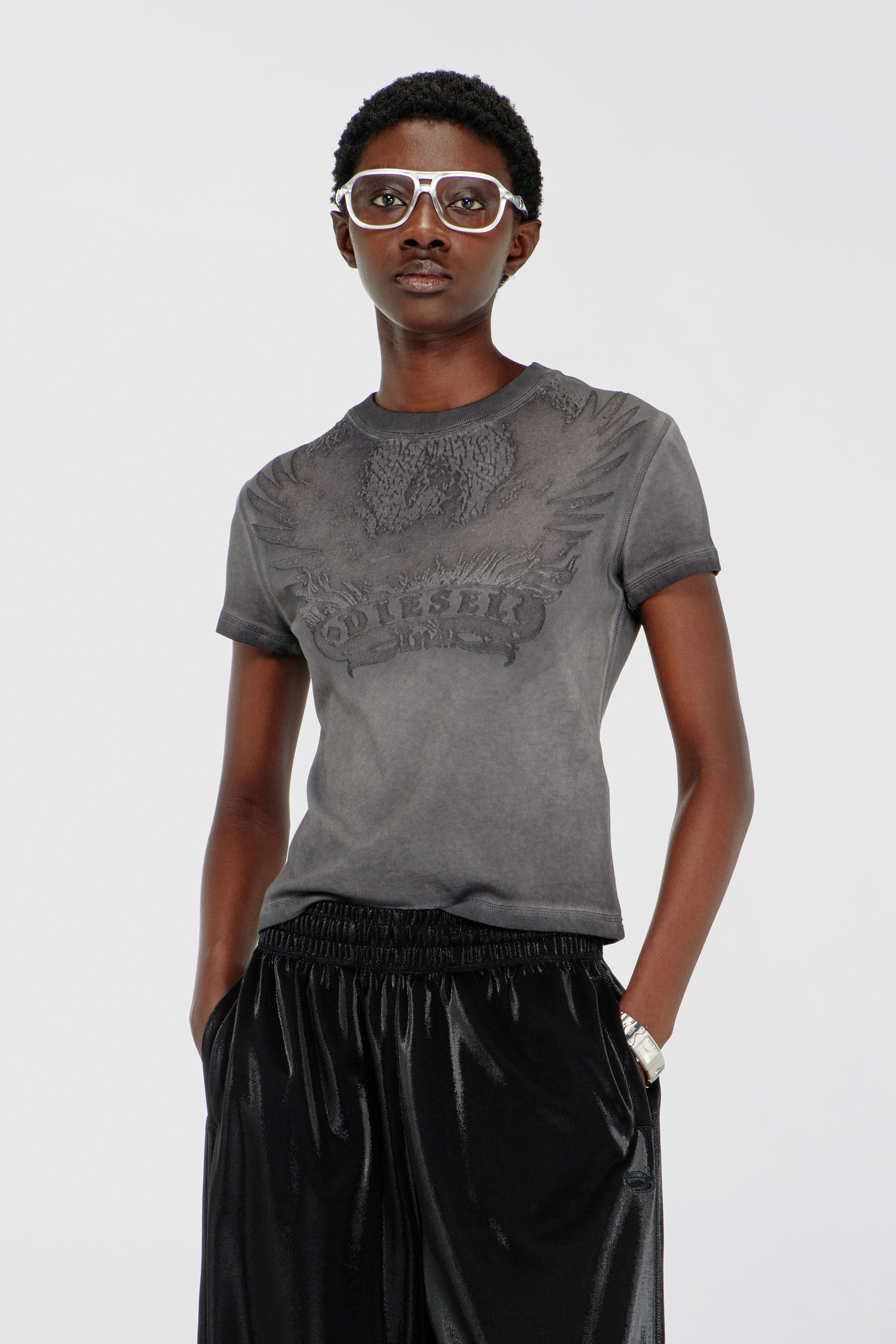 Diesel - T-ILA-AA7, Damen Slim T-shirt mit d&eacute;vor&eacute; Phoenix in Dunkelgrau - 3