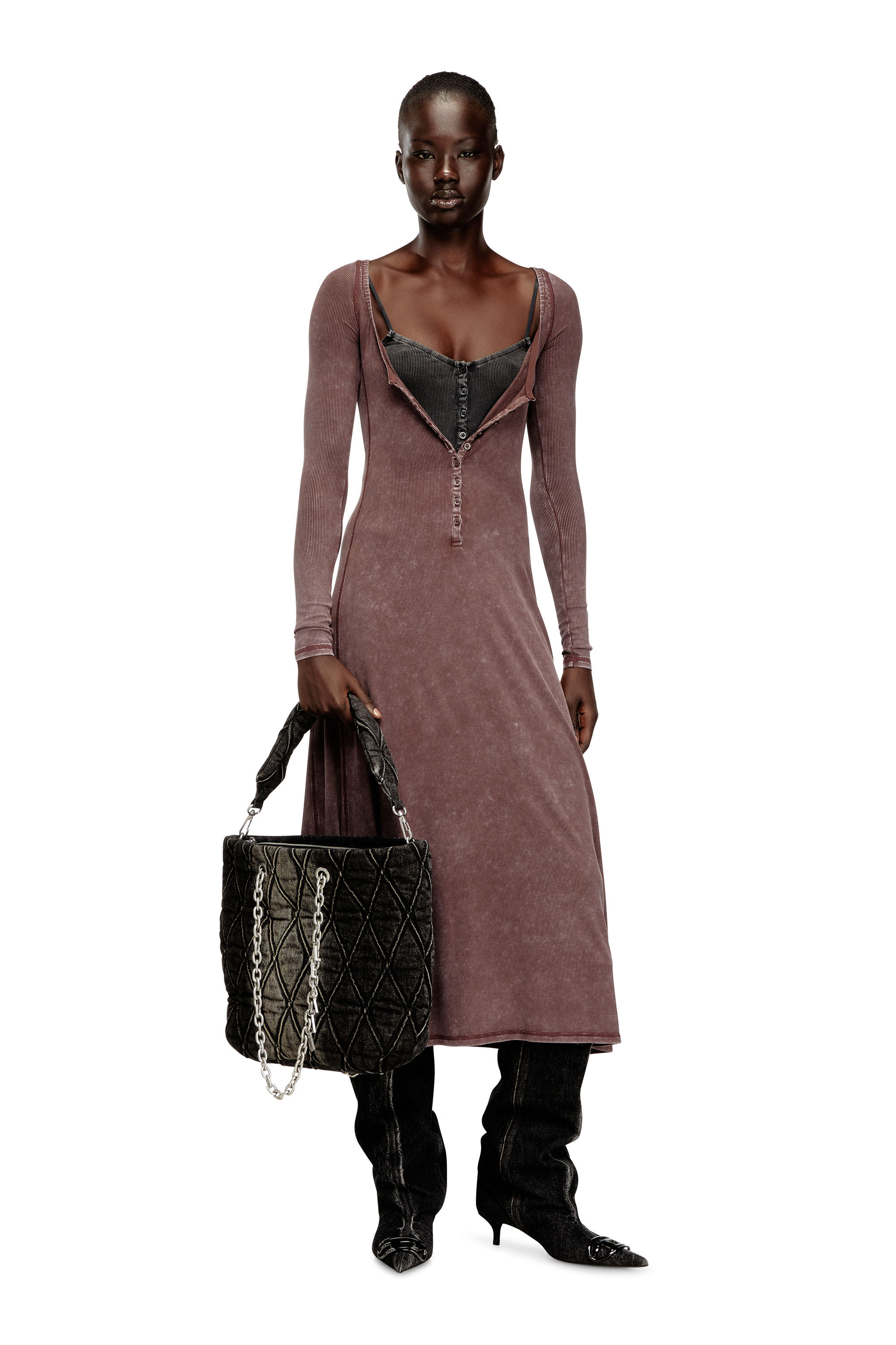 Diesel - CHARM-D SHOPPER M, Damen Charm-D-Tote Tasche aus gestepptem Denim in Schwarz - 6