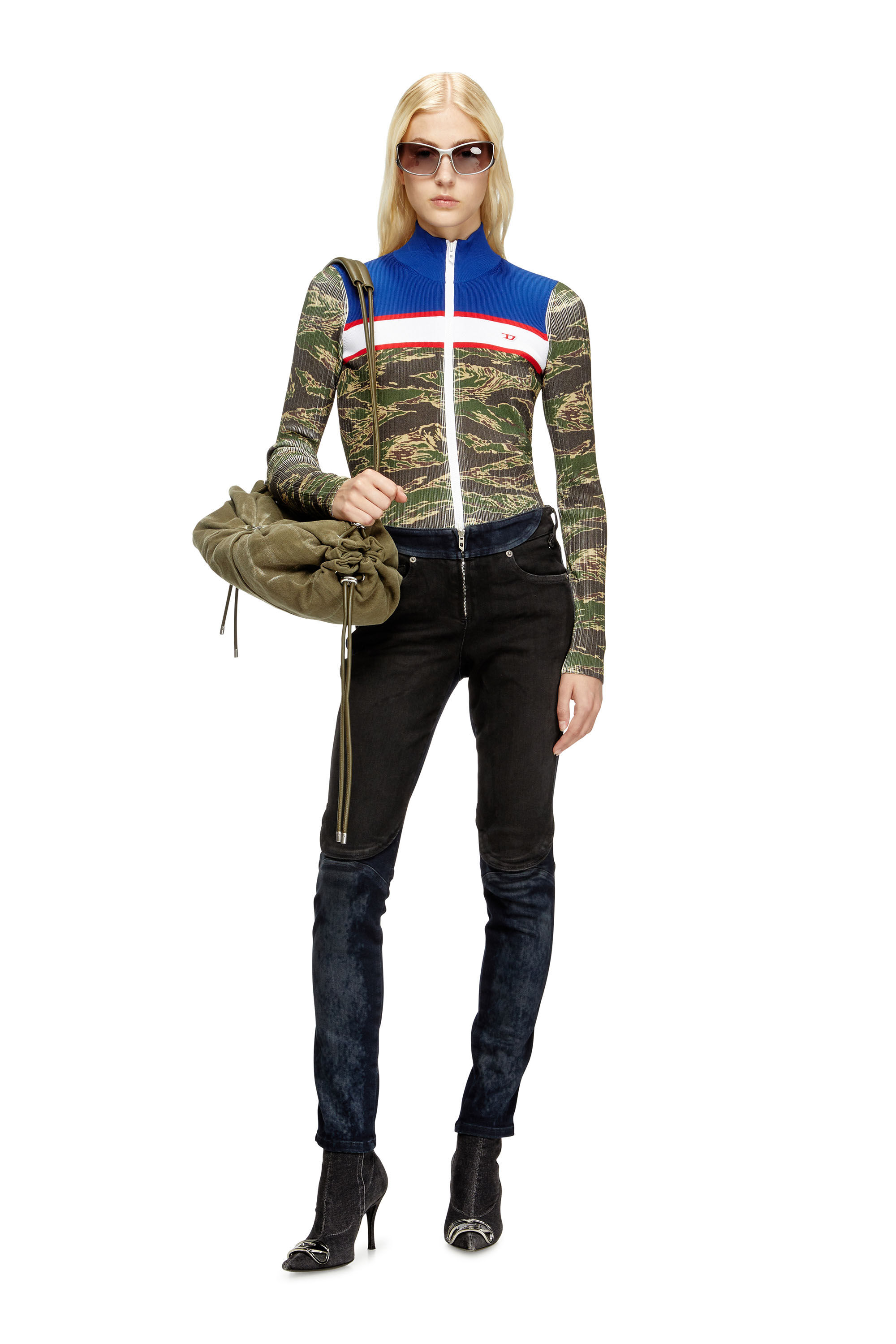 Diesel - M-CAMUT, Damen Pullover aus gerippter Viskose mit Camo-Reißverschluss in Blau/Grün - 1