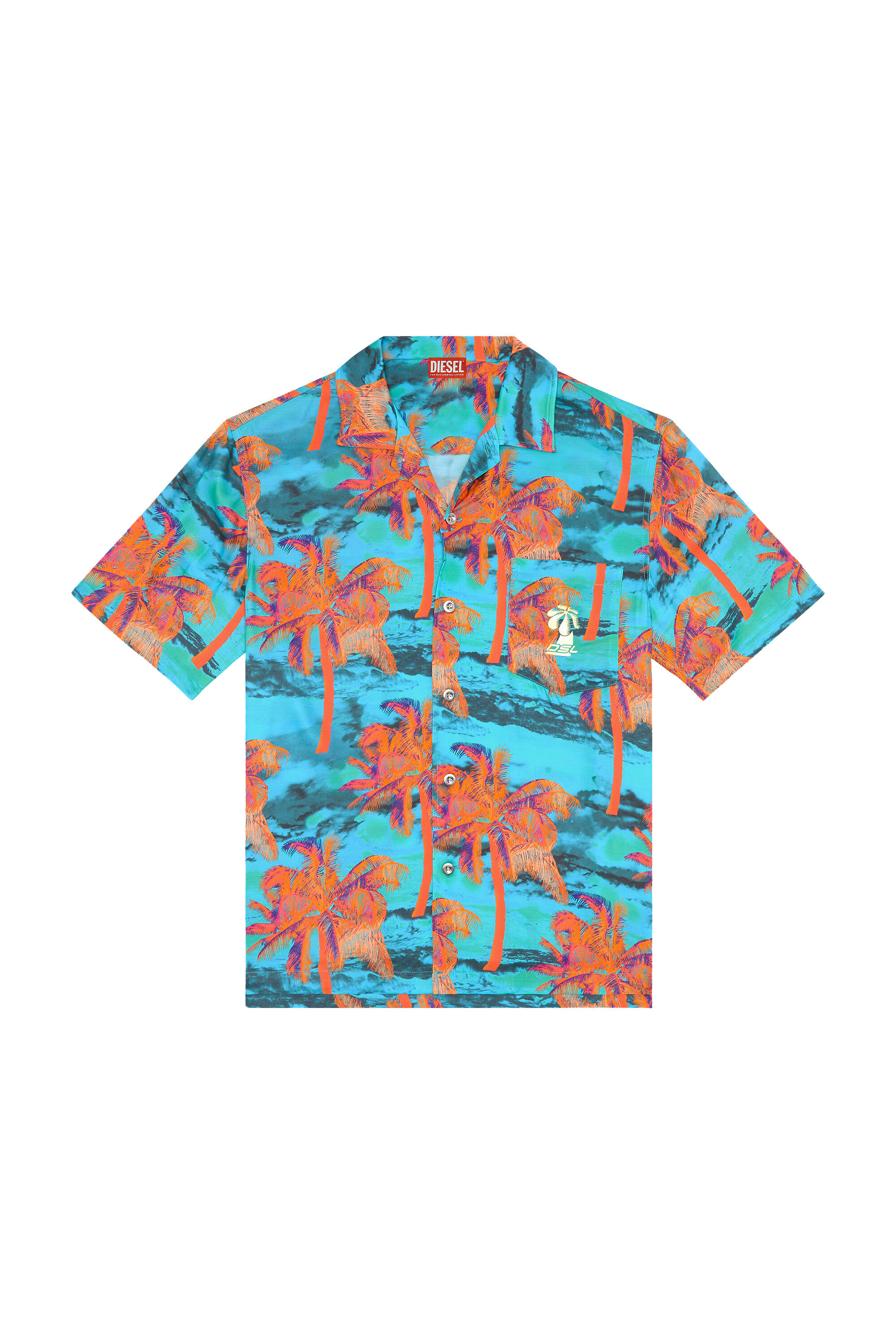 Diesel - BMOWT-ADRIAN, Herren Strandshirt mit Palmen-Print in Blau - 5