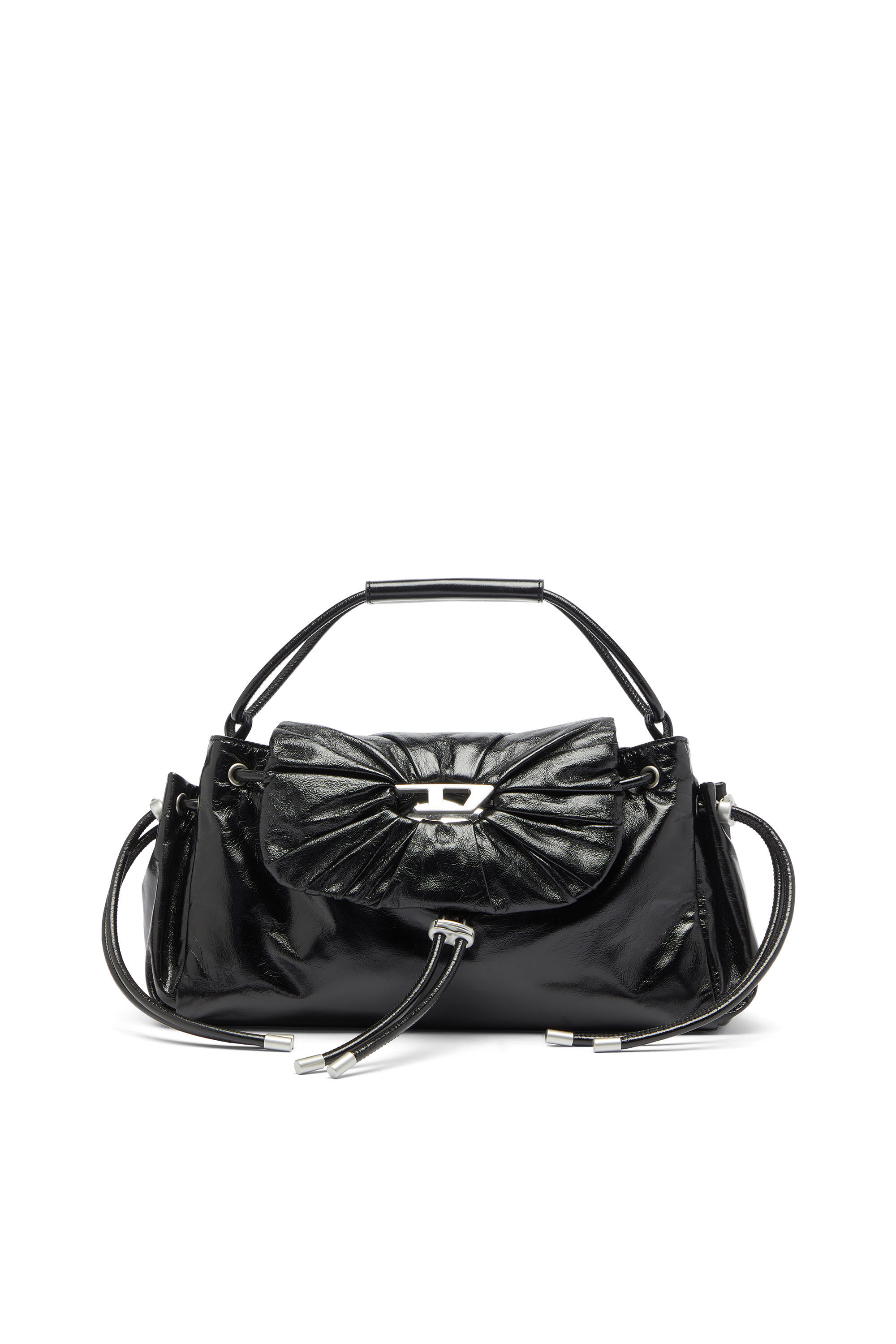 Diesel - SCRUNCH-D TOP HANDLE, Damen Scrunch-D - Top-Handle-Tasche aus gl&auml;nzendem Leder mit Falten in Schwarz - 1
