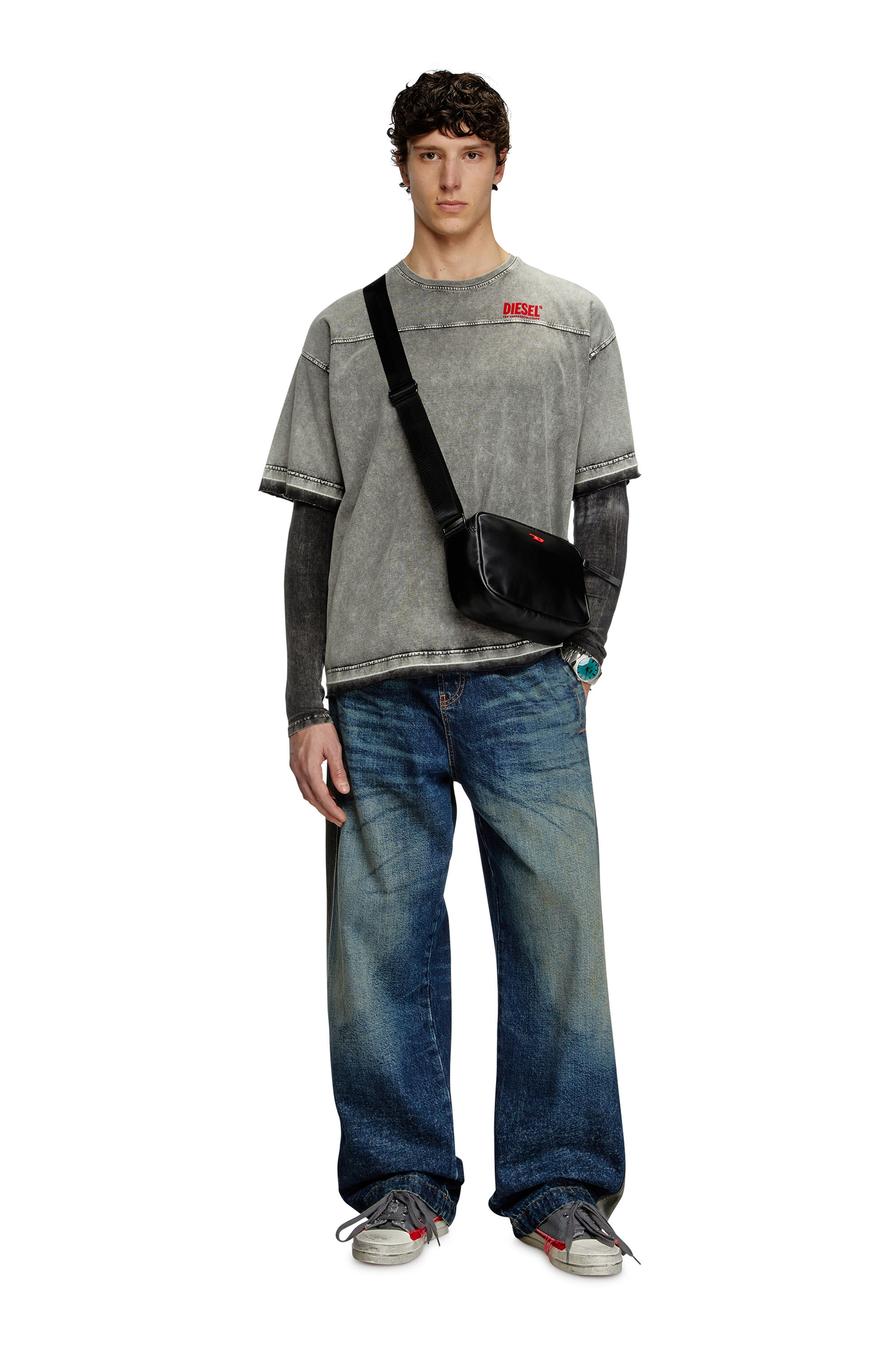 Diesel - T-HOXT, Herren T-Shirt in Denim-Optik mit freigesetzten Säumen in Hellgrau - 1