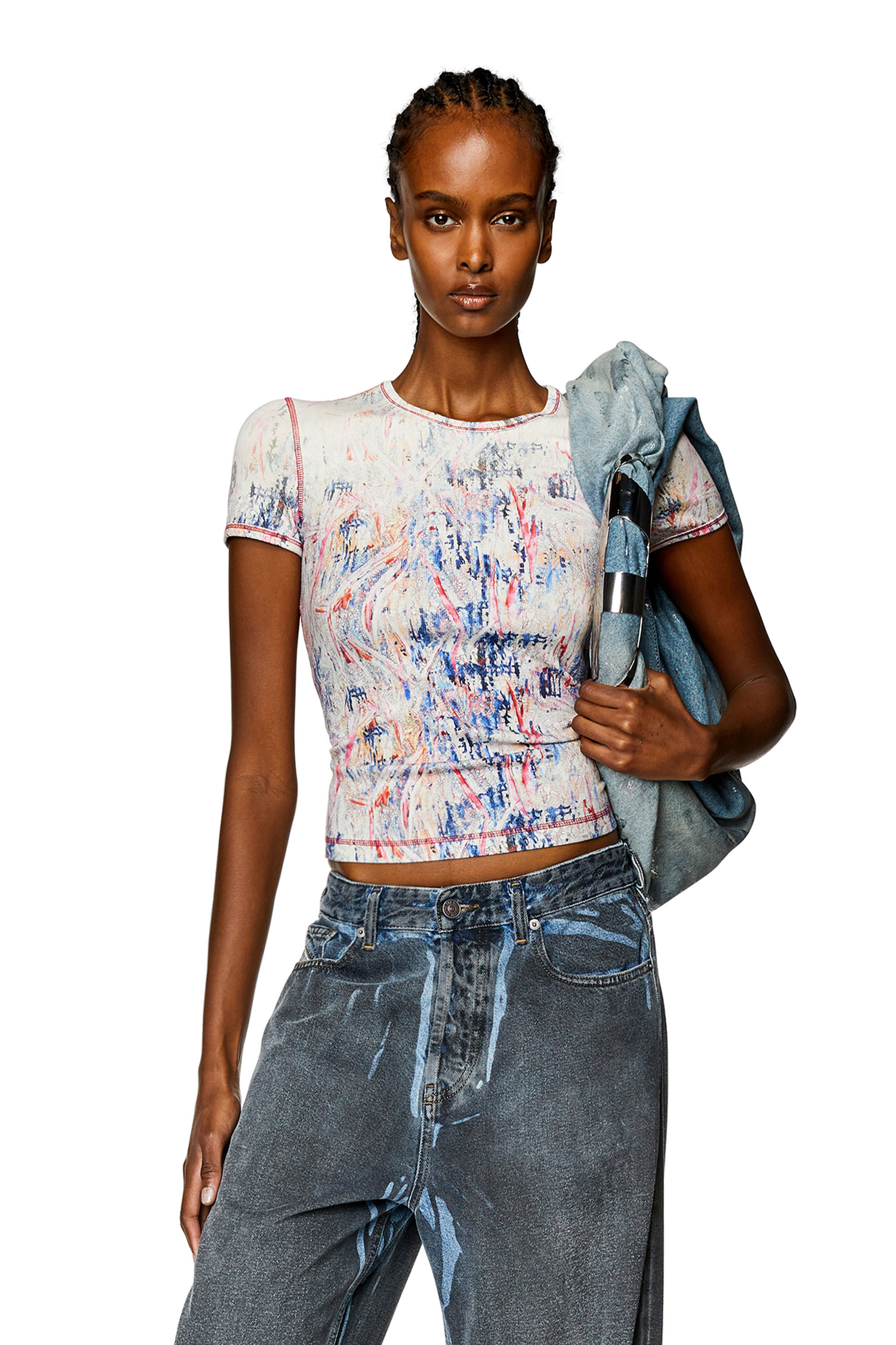 Diesel - T-ELE-LONG-N1, Woman's Ribbed T-shirt with spray treatment in Pink/White - 3