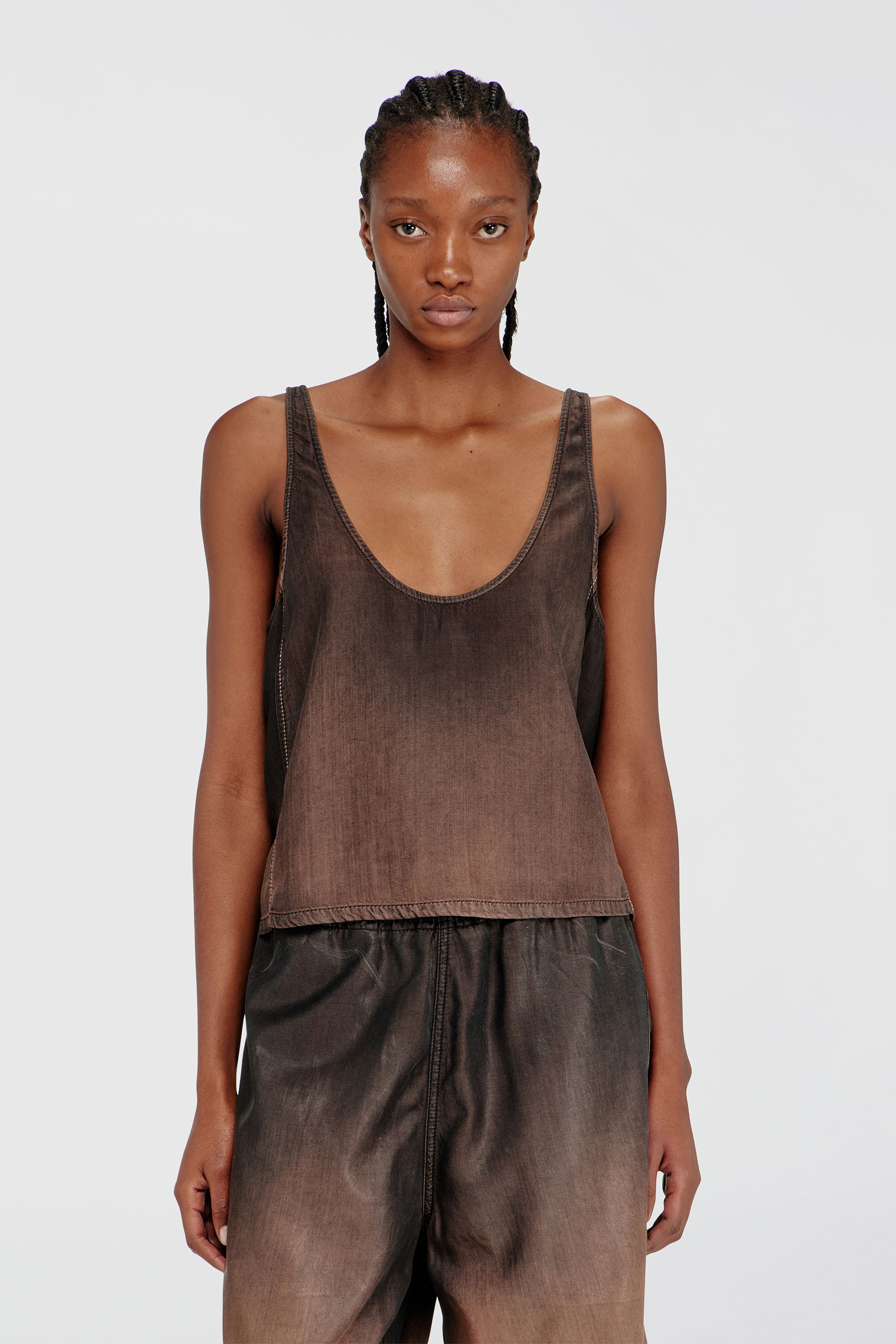 Diesel - DE-NORIAN-S, Damen Tanktop aus flie&szlig;endem, beschichtetem Denim in Braun - 3