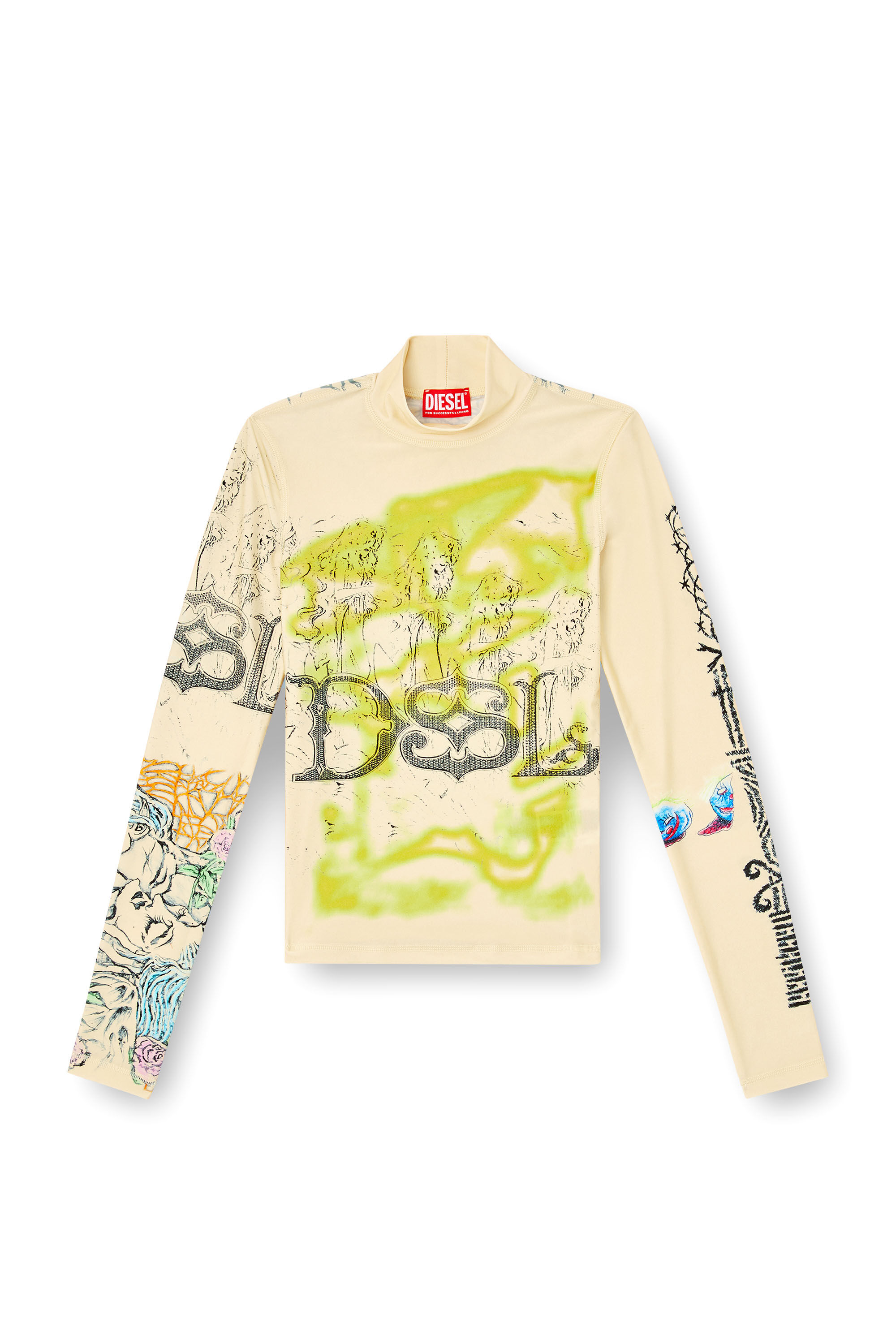 Diesel - T-IMUN, Damen Rollkragentop mit Tattoo-Print in Beige - 2
