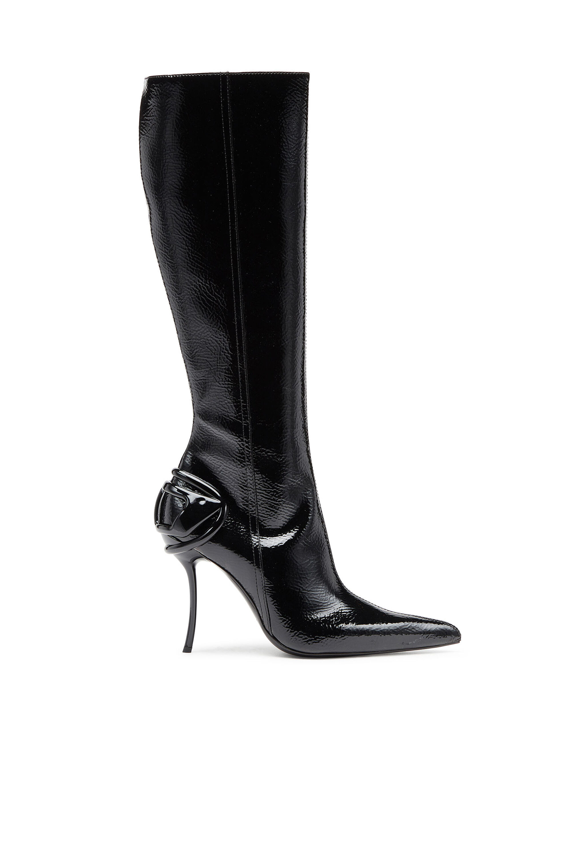 Damen D-Ten&Half-Glänzende kniehohe Stiefel mit geschwungenem Absatz |  Schwarz | Diesel