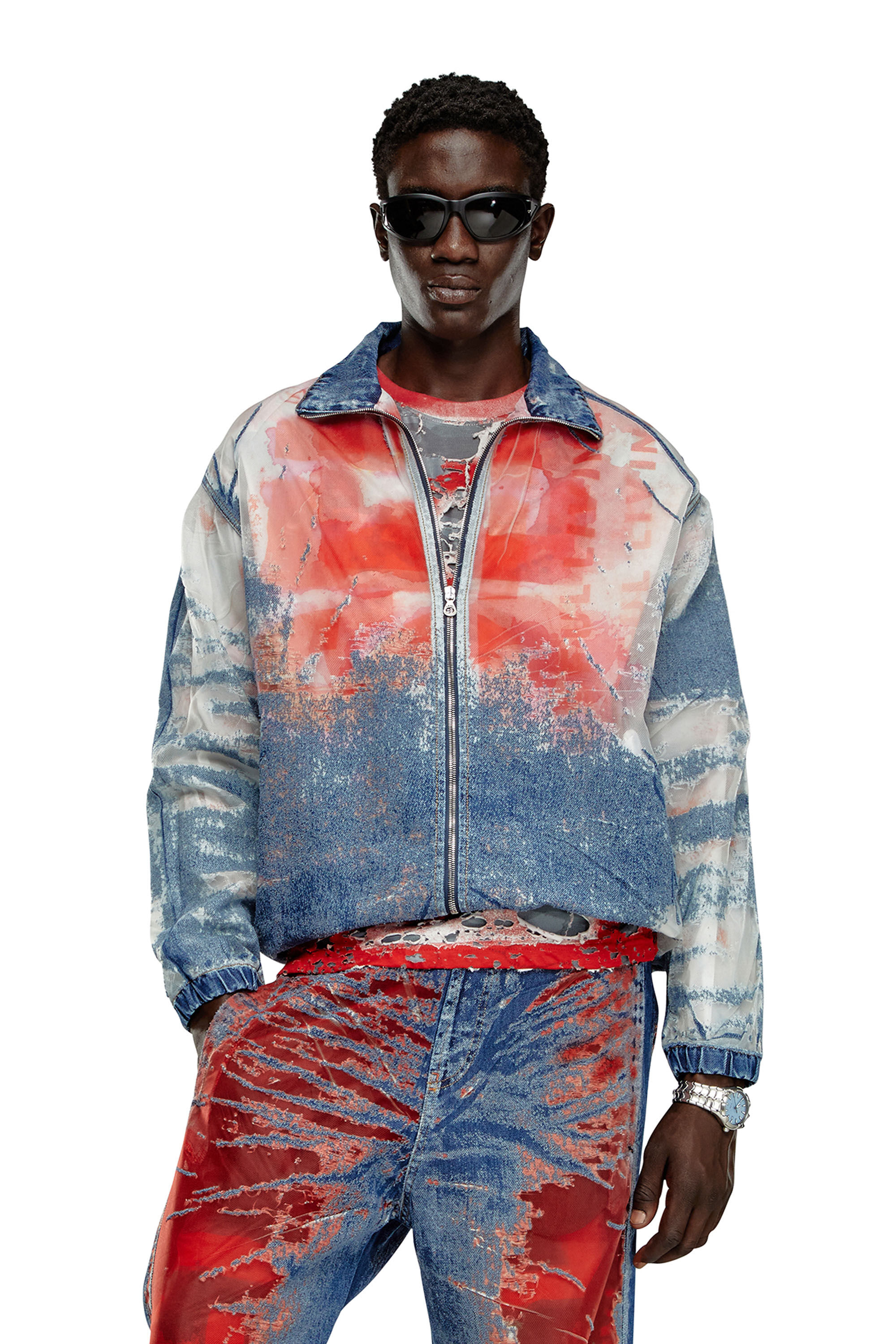 Diesel - D-KRAP-FSE, Herren Jacke aus Dévoré-Denim mit Logo in Blau/Rot - 3