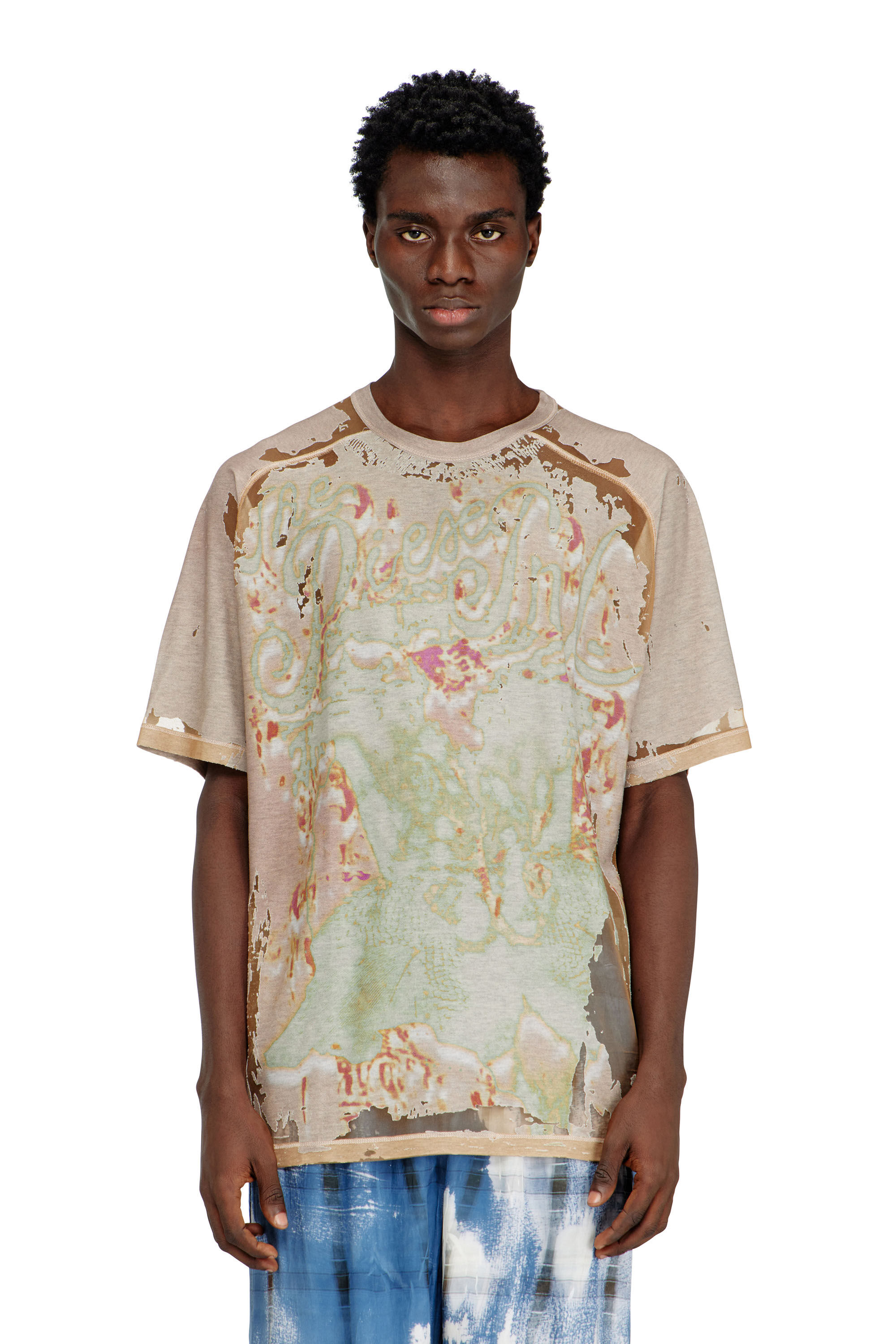 Diesel - T-LIVO, Herren T-Shirt aus bedrucktem Devor&eacute;-Jersey in Hellbraun - 3